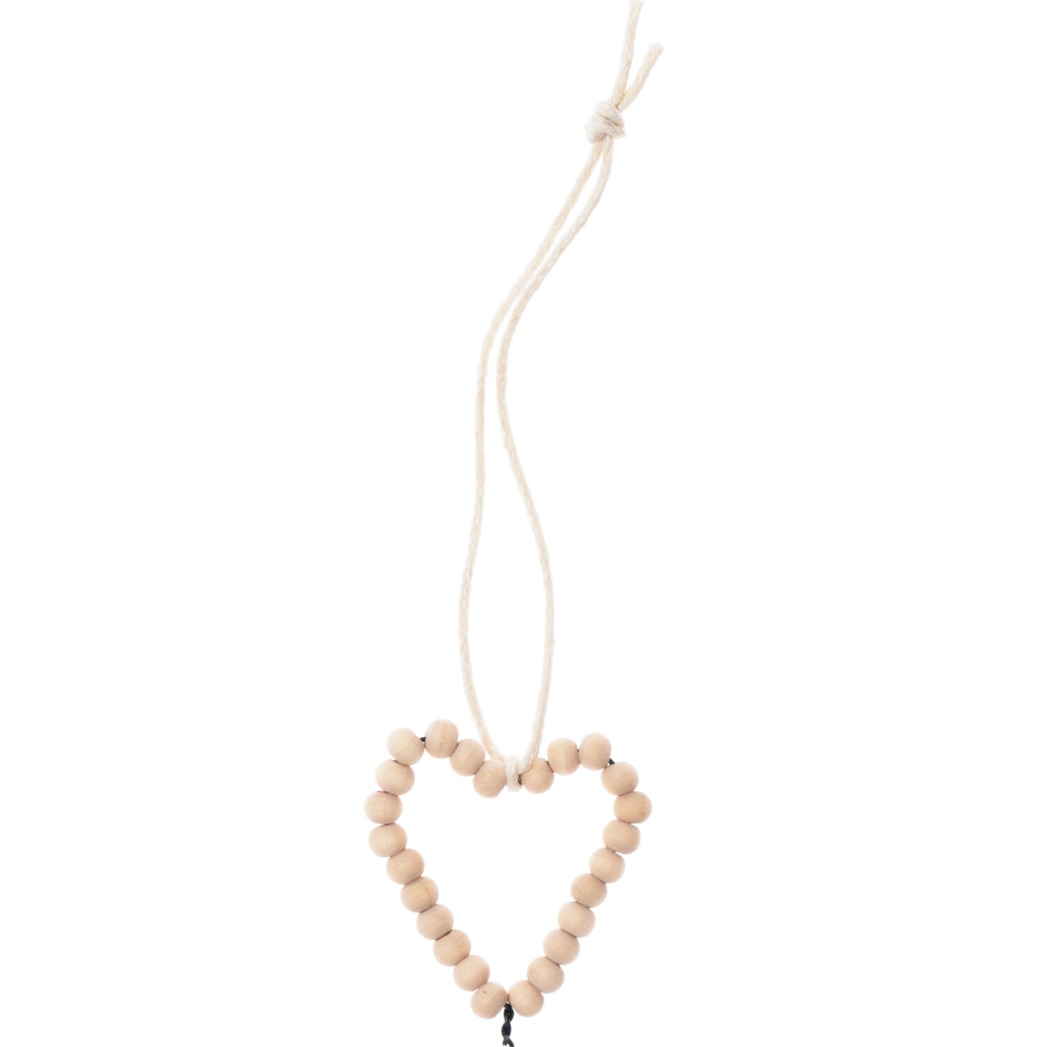 Perlenhänger Herz klein Holz aus braunen Perlen, dekorativ an weißer Schnur aufgehängt. Ideal für kreative Bastelprojekte und Dekorationen.