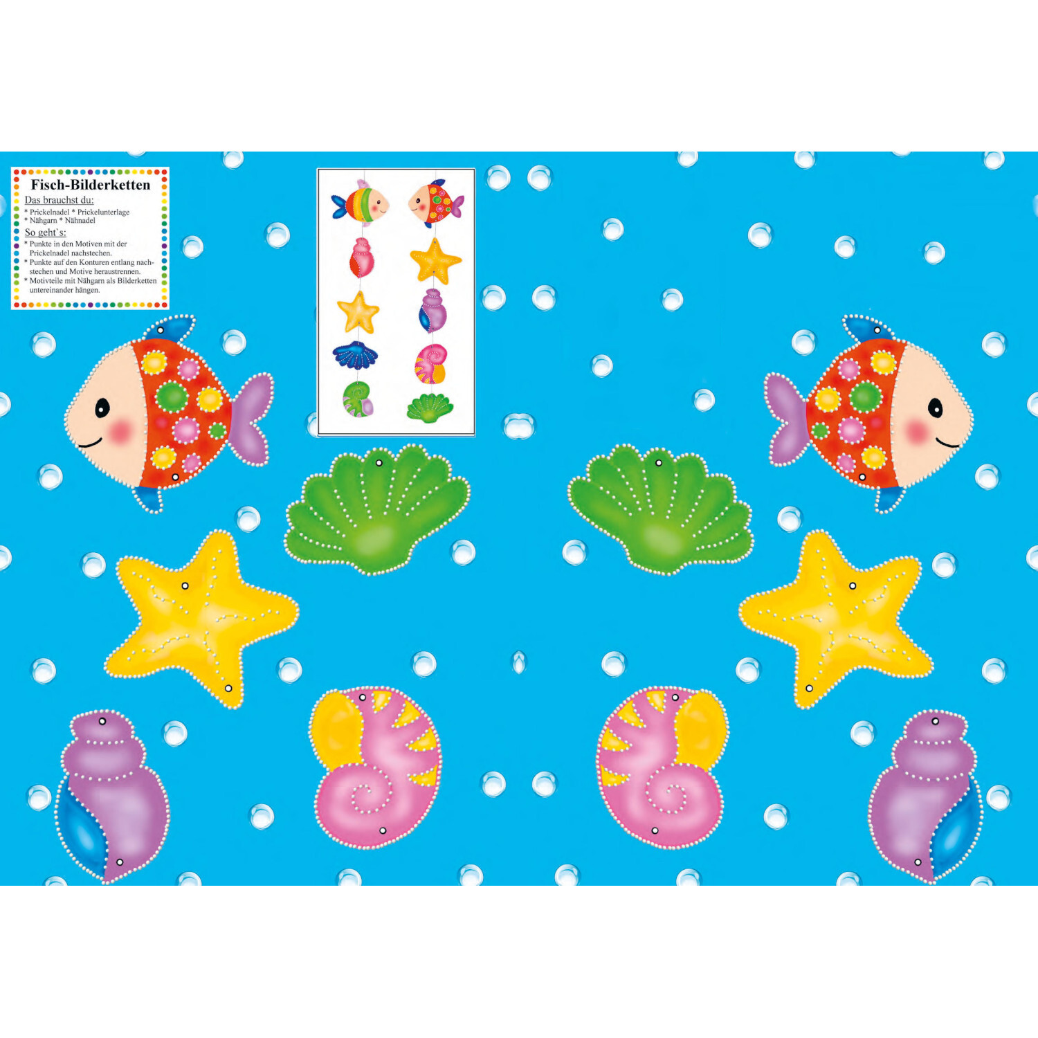 Mein Prickel-Bastelbuch: Bunte Fische und Muscheln auf blauem Hintergrund mit weißen Punkten. Ideal für kreative Bastelprojekte.