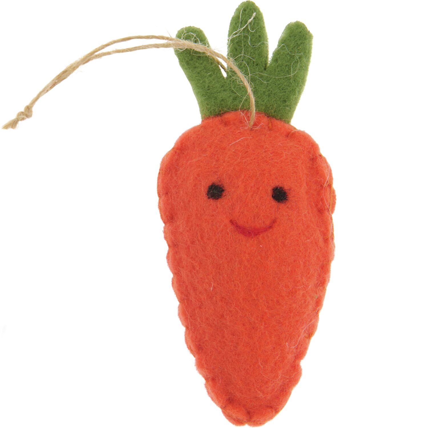 Aufhänger Filz-Möhre Lächelnd 2D: Orangefarbene Filzmöhre mit grünem Blattwerk und lächelndem Gesicht, 11,4x4,6x2,3cm.