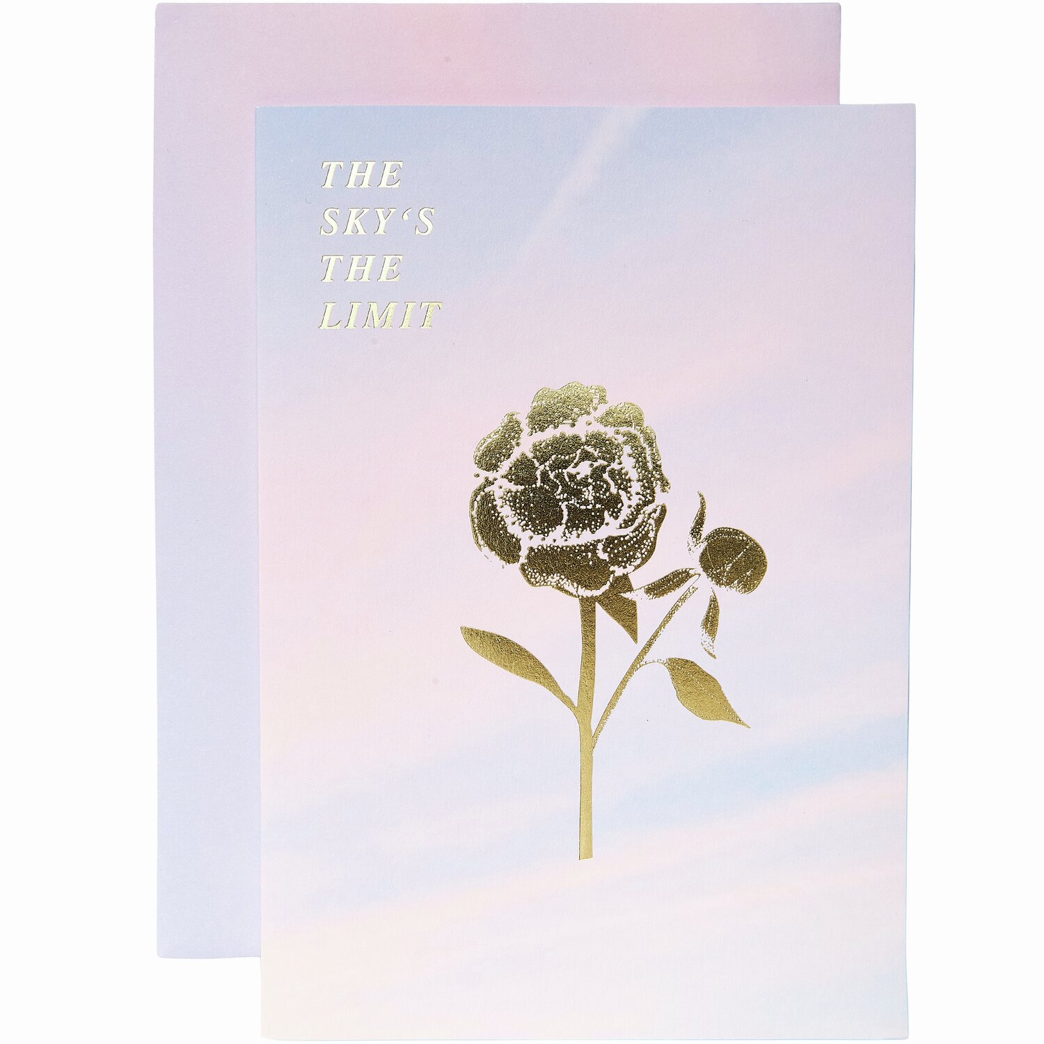 Grußkarte The Sky is the Limit mit goldener Blume auf pastellfarbenem Hintergrund, B6-Format.