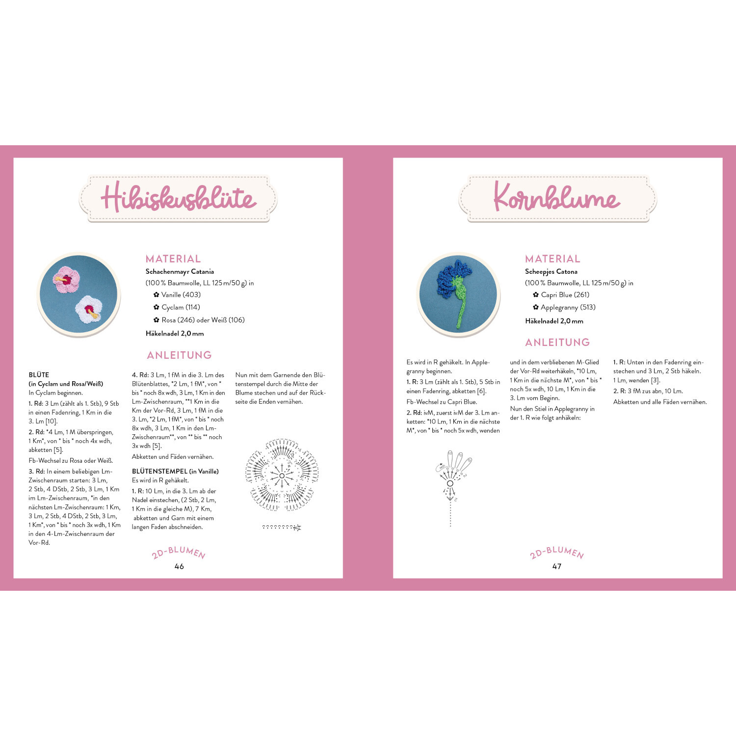 Mein bunter Häkelgarten - Anleitung für Hibiskusblüte und Kornblume auf rosa Hintergrund.