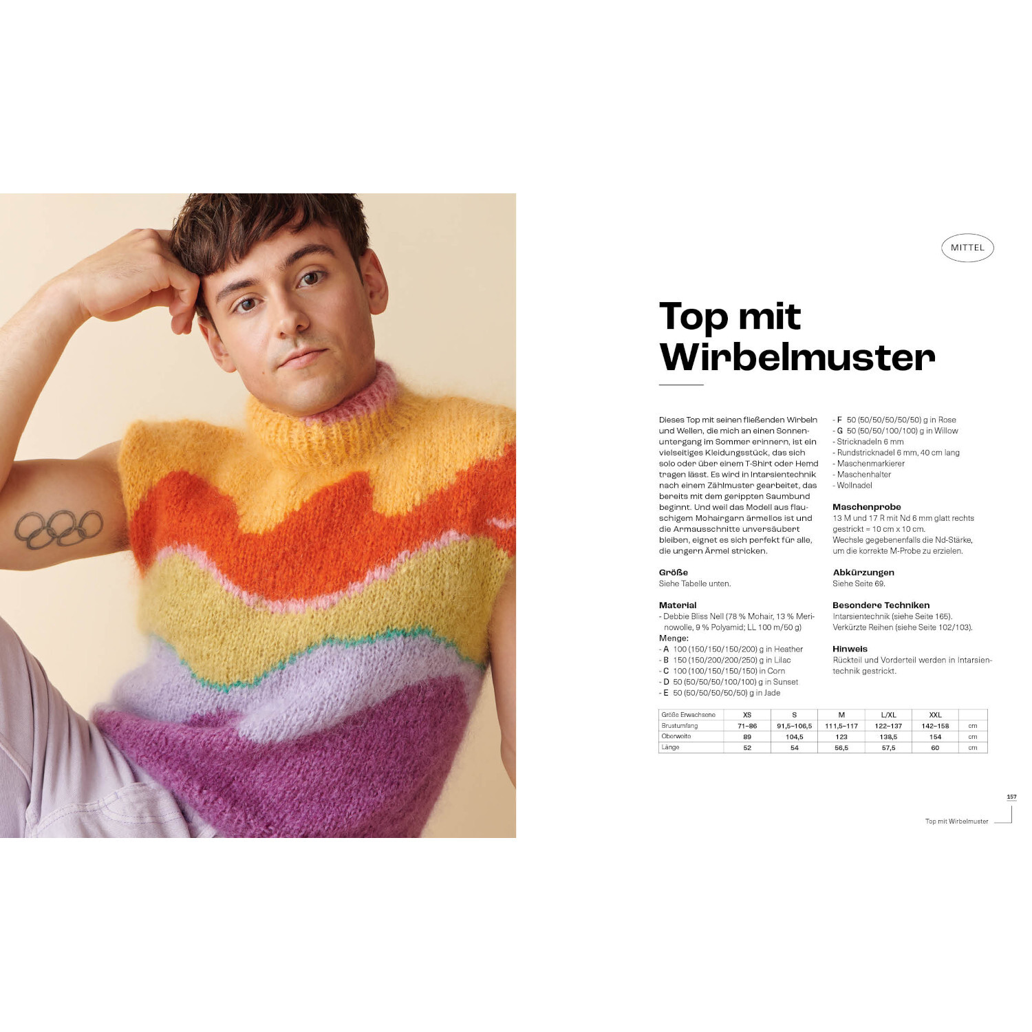 Tom Daley- Stricken with Love: Buntes Top mit Wirbelmuster, präsentiert von EMF. Ideal für kreative Strickprojekte.