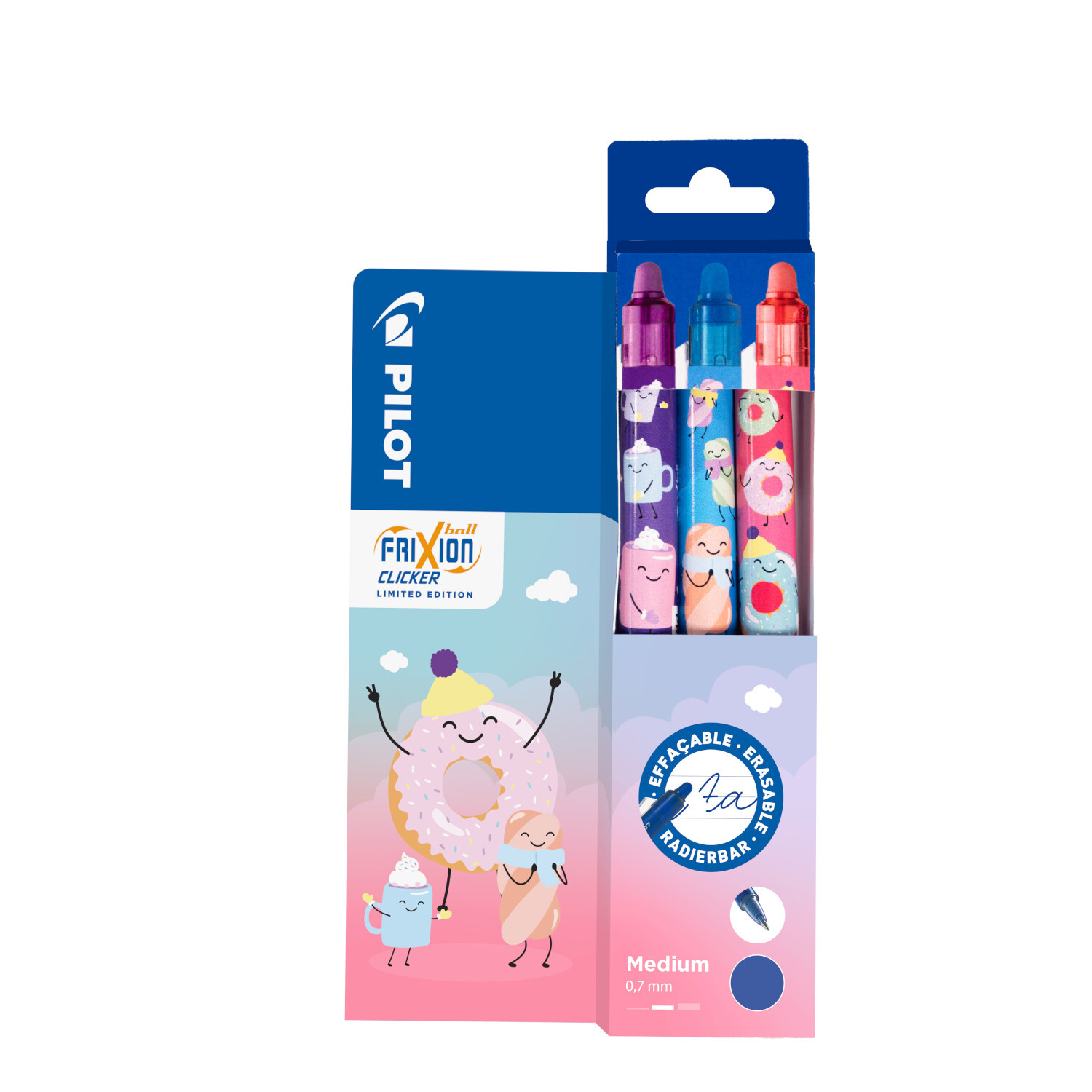 FriXion Clicker Fancy Winter Set, 3-teilig, von PILOT. Bunte Stifte mit verspielten Motiven in einer attraktiven Verpackung.