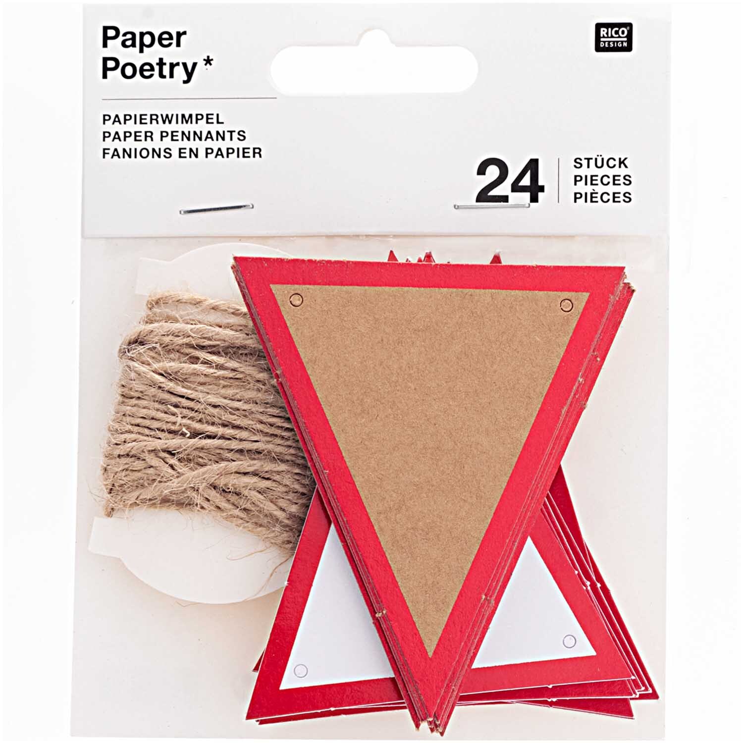 Paper Poetry Papierwimpel, 24 Stück, dreieckige Wimpel in Rot mit Juteschnur, ideal für Dekorationen.
