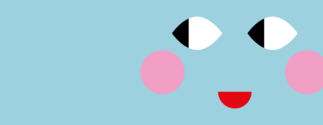 Grafisches lachendes Gesicht auf hellblauen Hintergrund