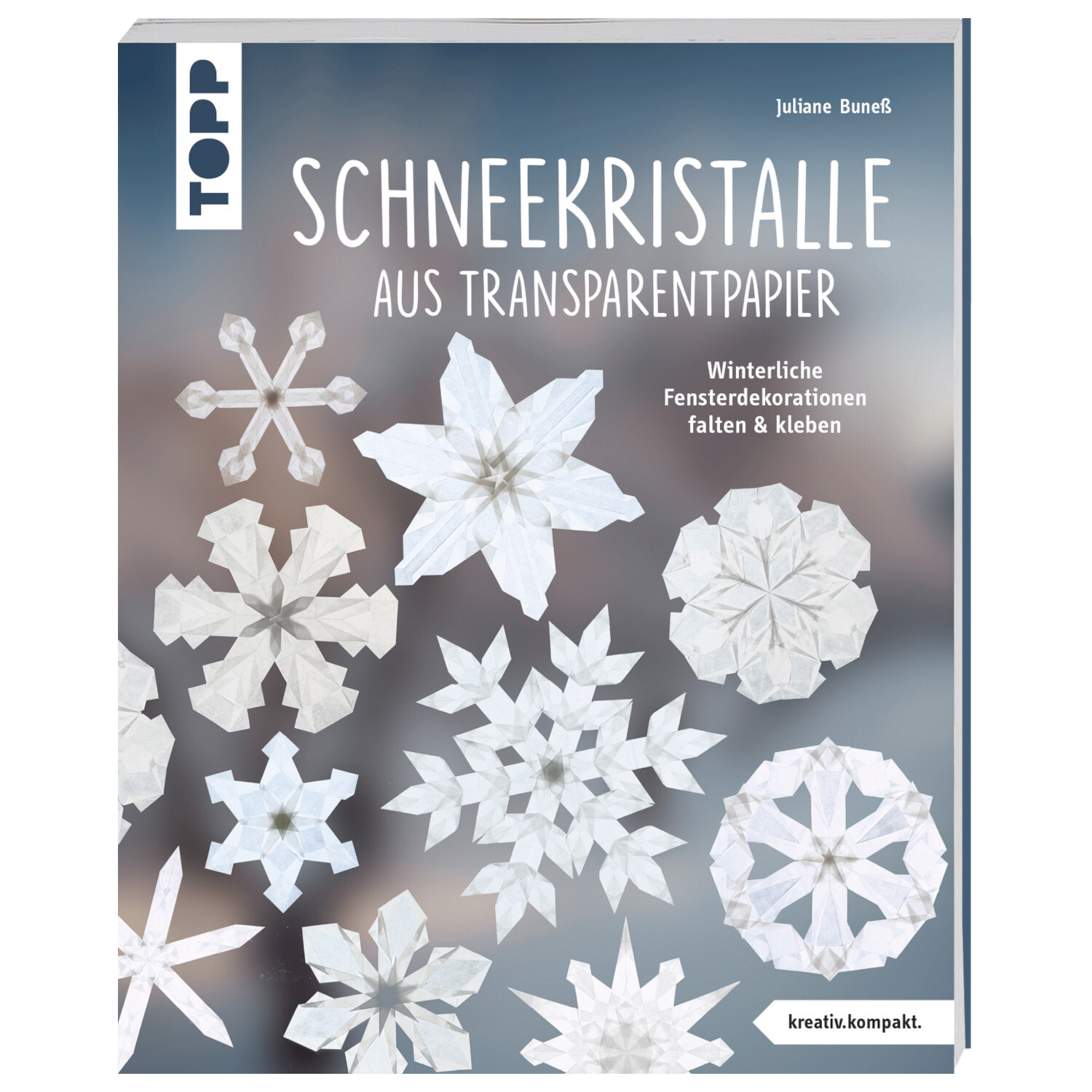 Schneekristalle aus Transparentpapier: Buchcover mit weißen Papierkristallen, Marke TOPP.