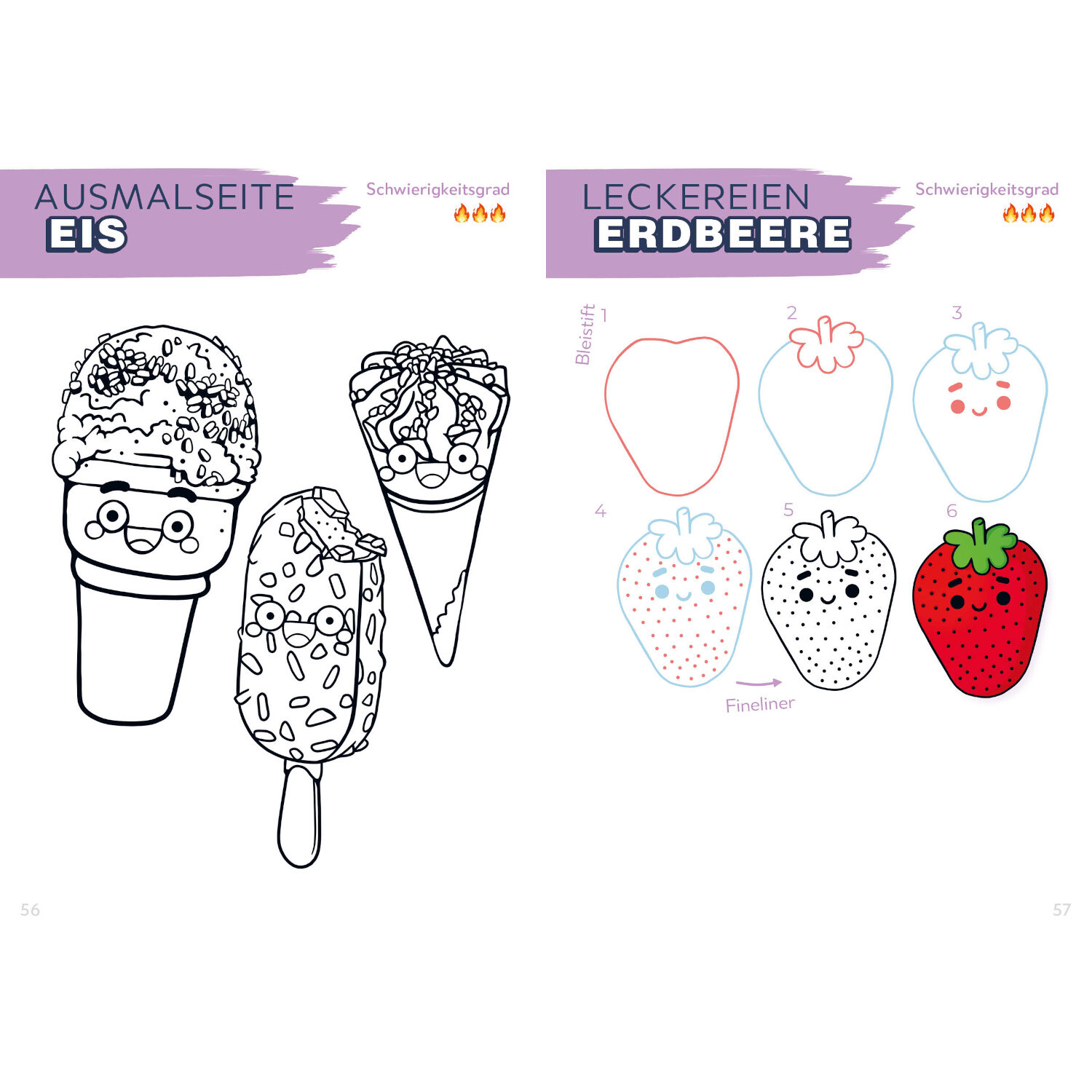Die Kawaii-Zeichenschule - Niedlich zeichnen: Ausmalbilder von Eis und Erdbeeren, ideal für kreative Kinder.