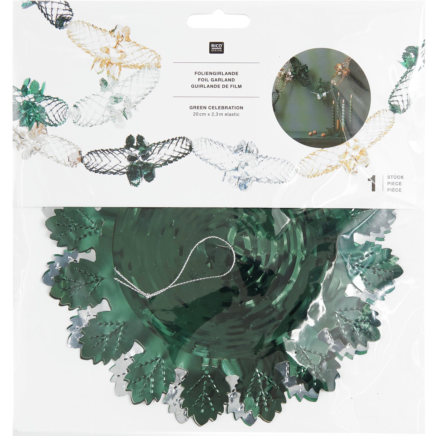 Foliengirlande von Rico Design in Mint/Gold, 2,3m lang, dekoriert mit glänzenden Blättern für festliche Anlässe.