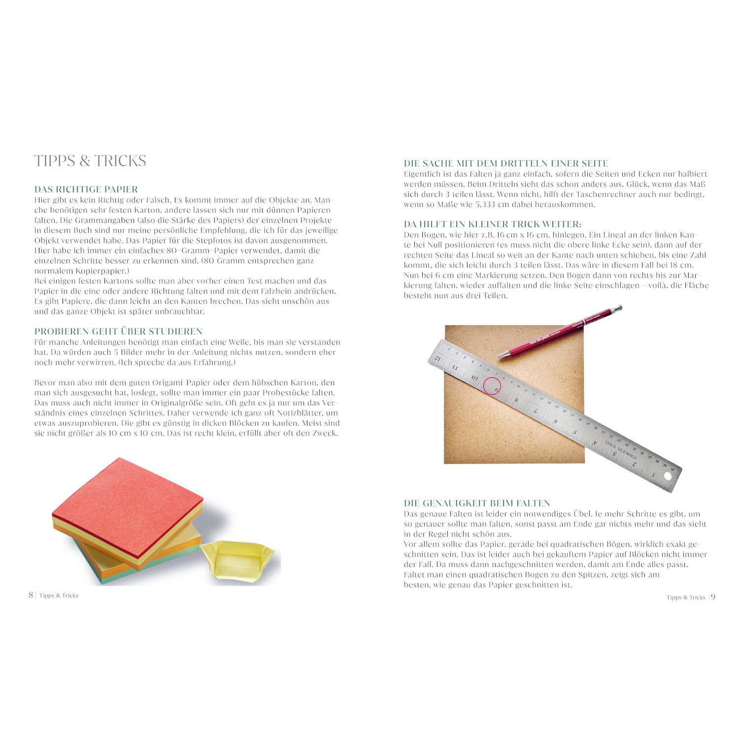 Das große Buch der Schachteln: Doppelseite mit Tipps, Lineal und Stift auf Papier, Christophorus Verlag.