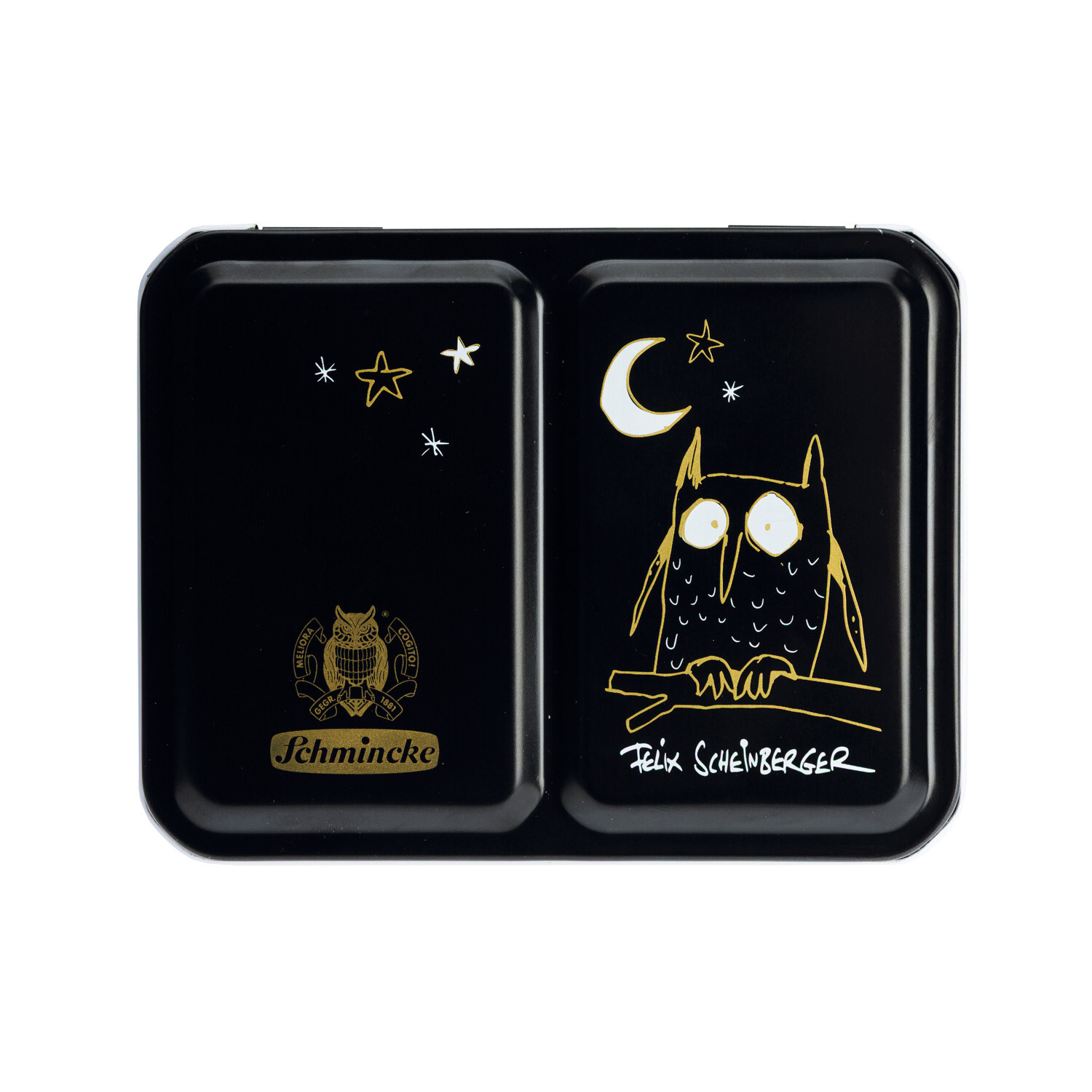 Horadam Aquarell Felix Scheinberger Aquarellfarben, schwarze Metallbox mit Eulenmotiv und Schmincke-Logo, ideal für Künstler.