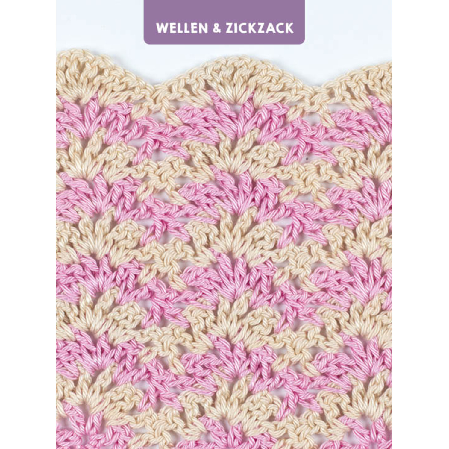 55 x Häkeln - Mustersammlung: Dein Kartenset zeigt ein rosa-beiges Häkelmuster mit Wellen und Zickzack.