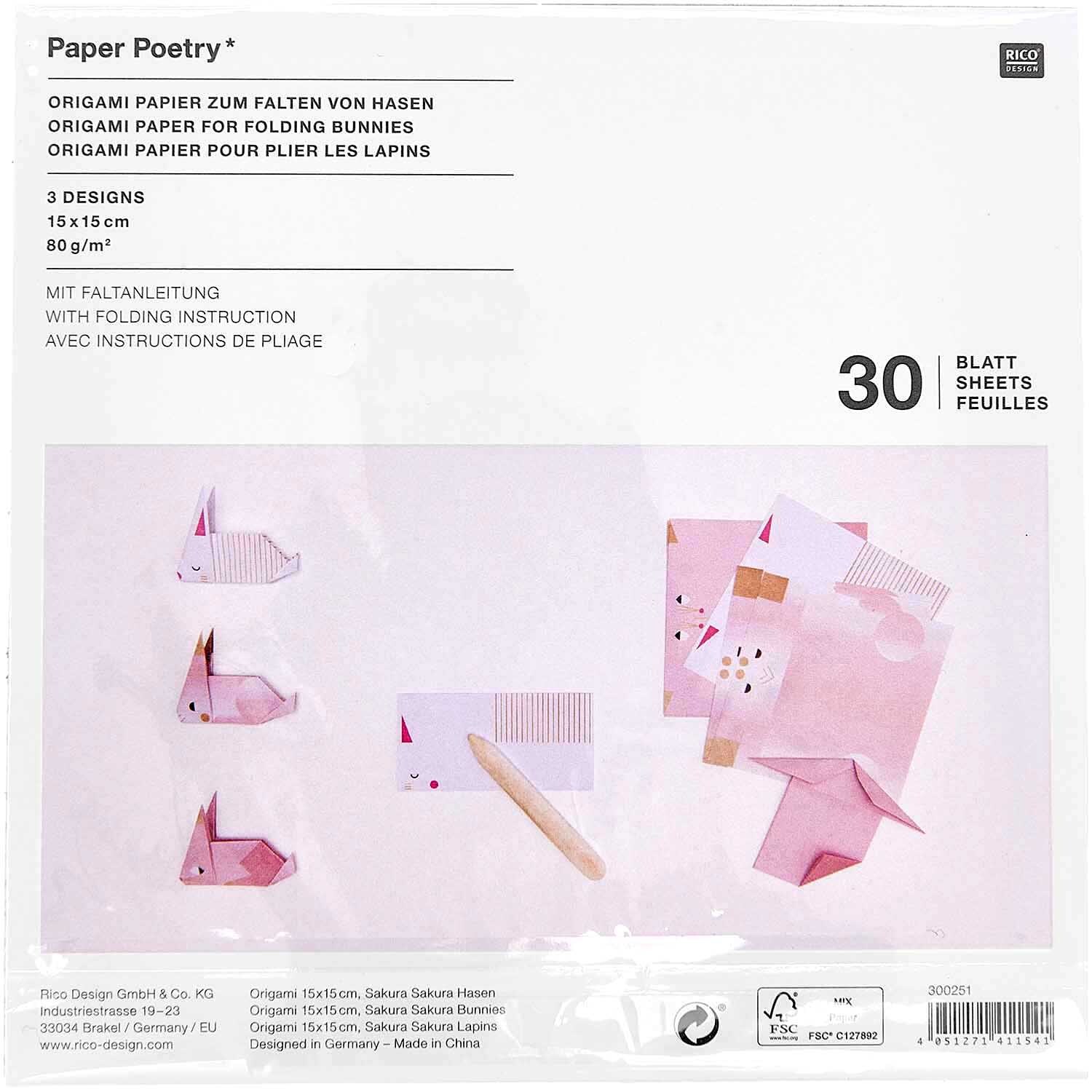 Paper Poetry Origami Hasen Set mit 30 Blättern in Rosa und Weiß, ideal für kreative Bastelprojekte.