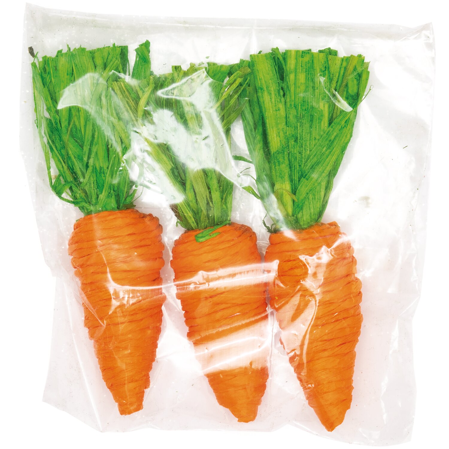 Deko Karotten 10cm 3 Stück: Drei orange Karotten aus Kunststoff in einer transparenten Verpackung.