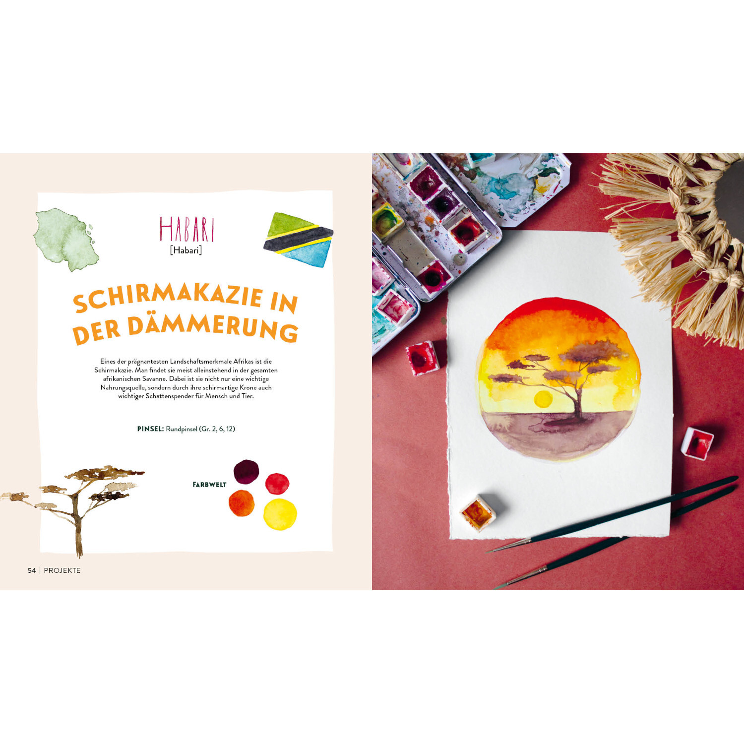 Meine große Watercolor-Reise: Aquarellbild einer Schirmakazie bei Sonnenuntergang, mit leuchtenden Farben und Malutensilien von EMF.