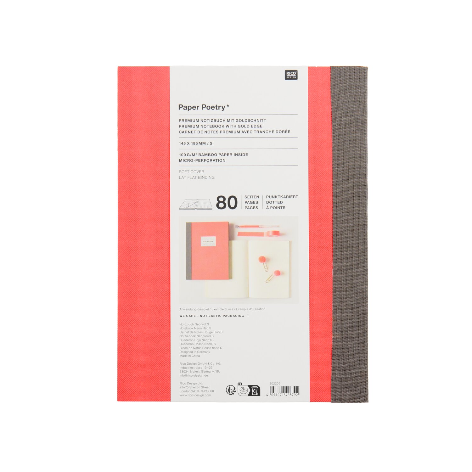 Paper Poetry Notizbuch S  Goldrand Farbe Neonrot von Rico Design