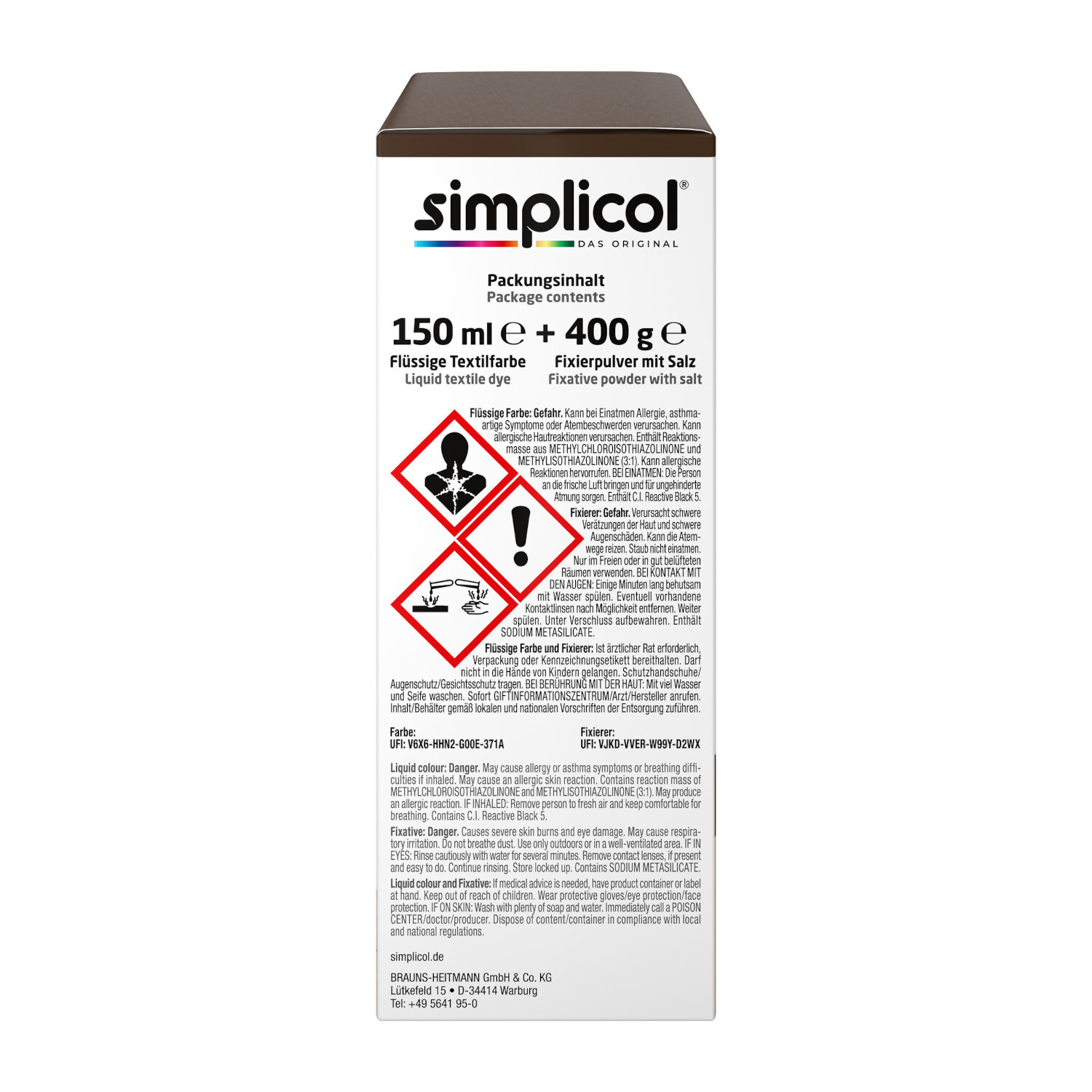 Textilfarbe intensiv 150ml von simplicol in Espressobraun. Verpackung mit Warnhinweisen und Inhaltsangaben. Ideal für kräftige Farbergebnisse.