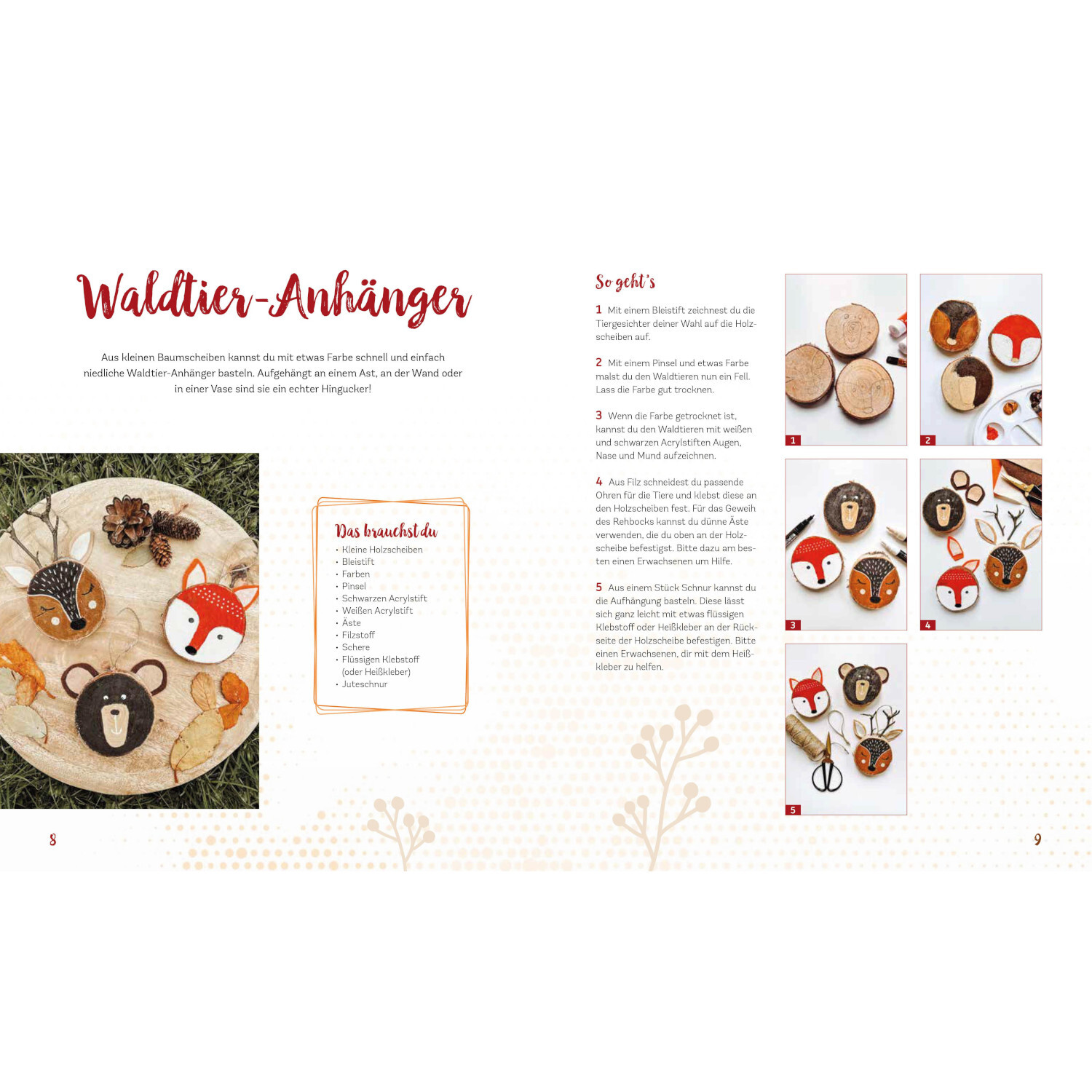 Herbstbasteln mit Kindern von Christophorus Verlag in der Christan Verlag Herbstbasteln mit Kindern: Anleitung für Waldtier-Anhänger aus Holzscheiben. Kreative Bastelideen im Buch vom Christophorus Verlag.