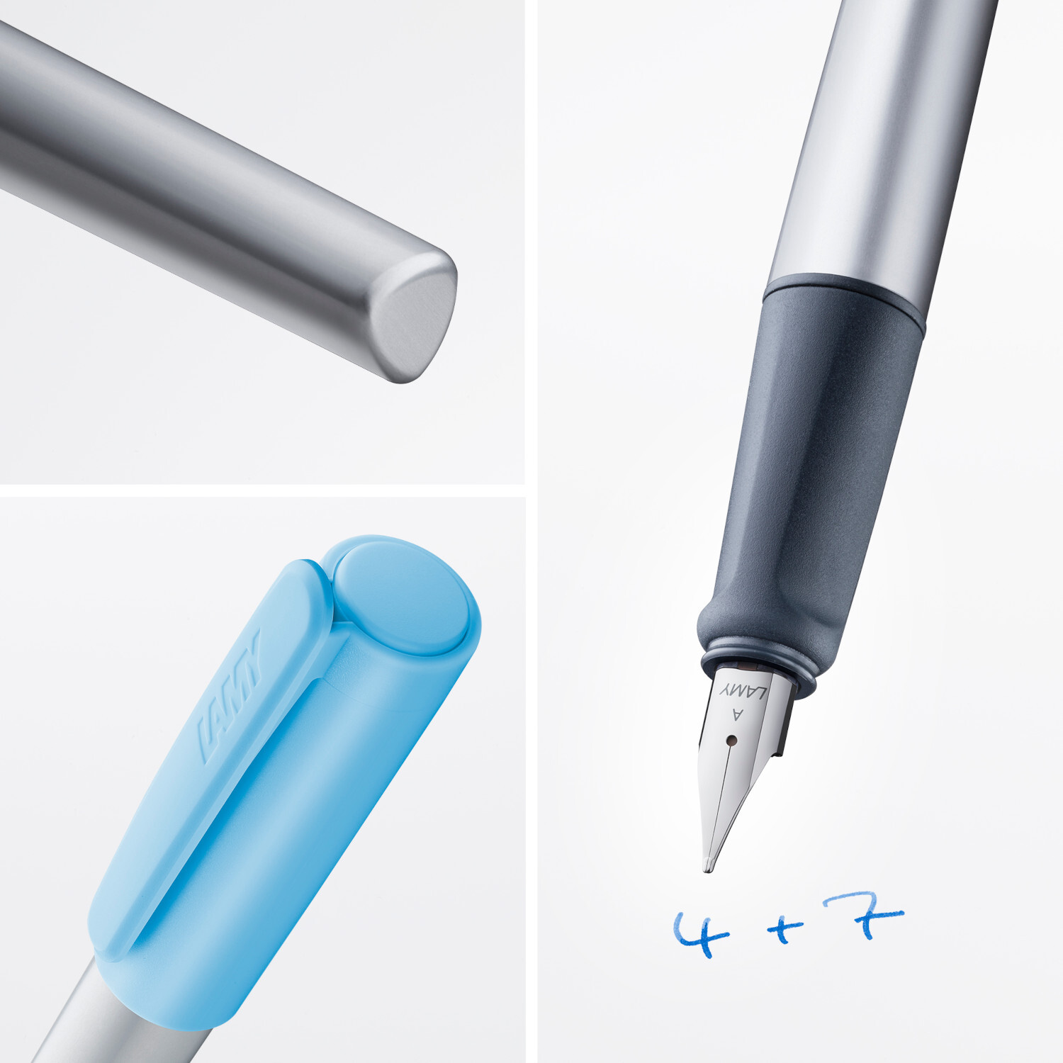 Füllhalter nexx Feder A Farbe Azure von C. Josef Lamy  Füllhalter nexx mit Feder A in Azure von Lamy. Detailansicht der blauen Kappe und silbernen Spitze.