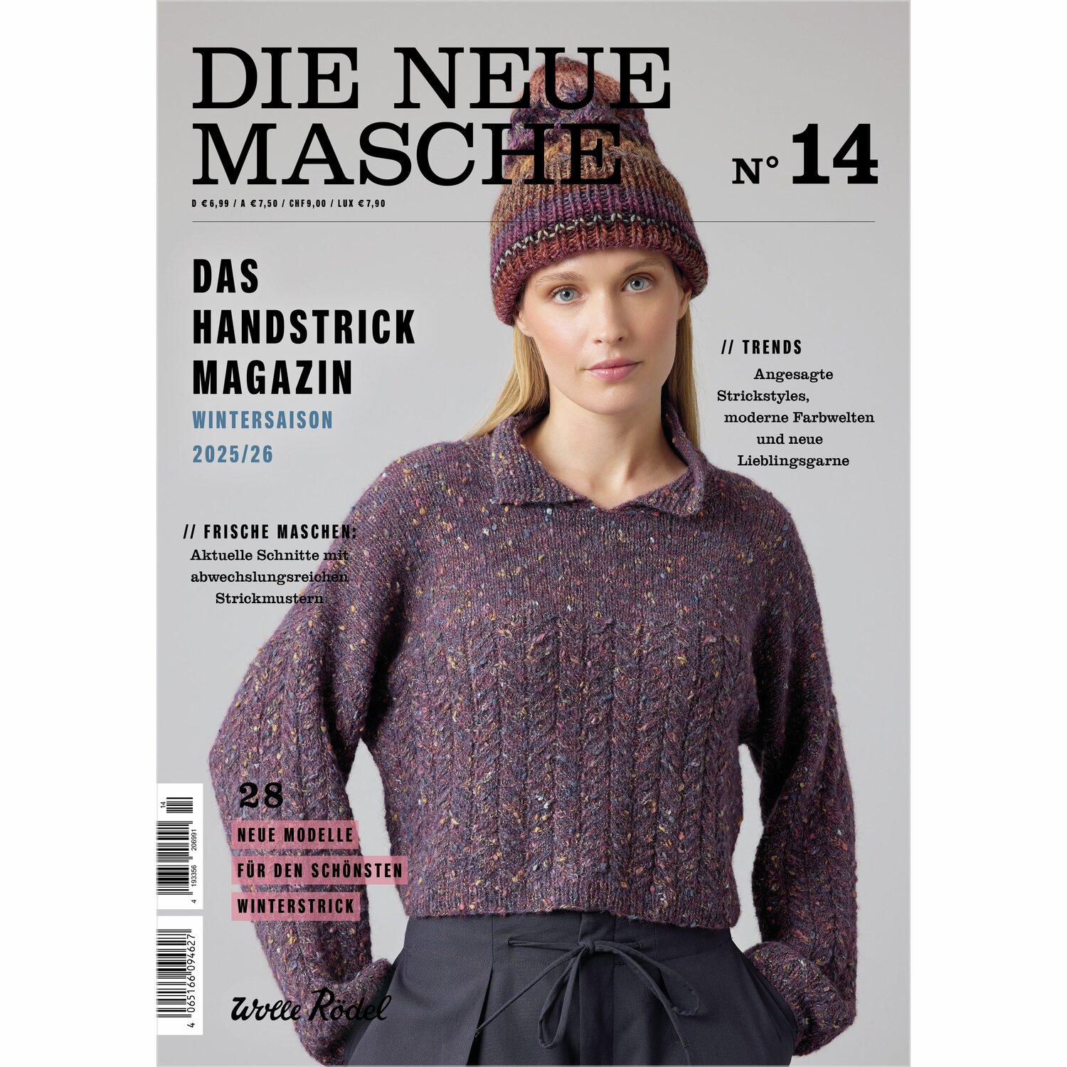 Die Neue Masche No. 14 Winter von idee. Creativmarkt Die Neue Masche No. 14 Winter: Frau in lila Strickpullover und Mütze von Wolle Rödel.