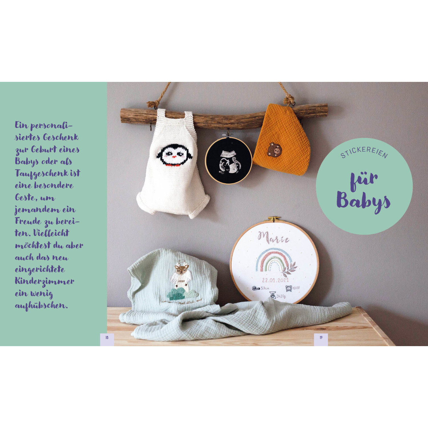 Hello Little One – Süße Stickmotive von Edition Michael Fischer Hello Little One – Süße Stickmotive: Verschiedene Baby-Stickereien auf Holzleiste und Tisch.