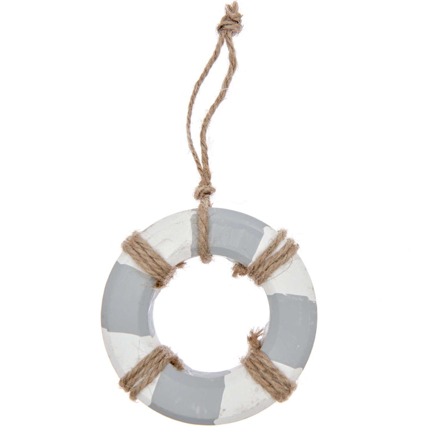 Holzhänger Rettungsring weiß-grau 10cm: Dekorativer Rettungsring aus Holz mit Seil, ideal für maritime Themen.