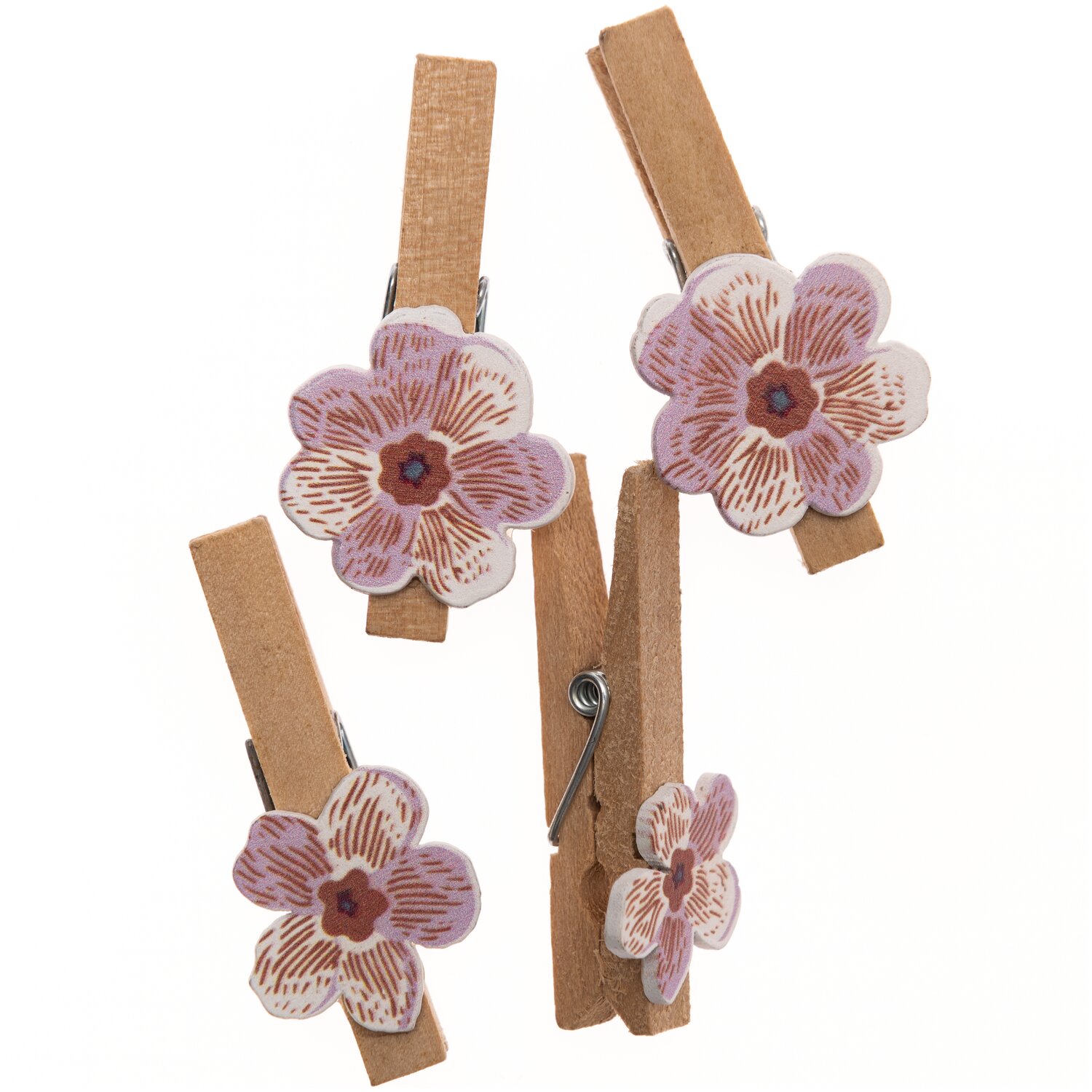 Dekoklammern Blüte mauve 4 Stück: Vier Holzklammern mit floralen Verzierungen in zarten Mauvetönen.