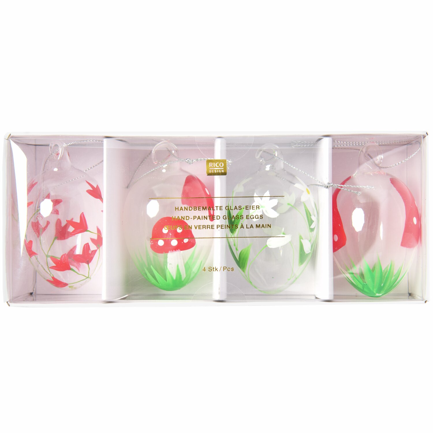 Glas Eier Fliegenpilz/Blumen 4 Stück 8xØ4,5cm von Rico Design