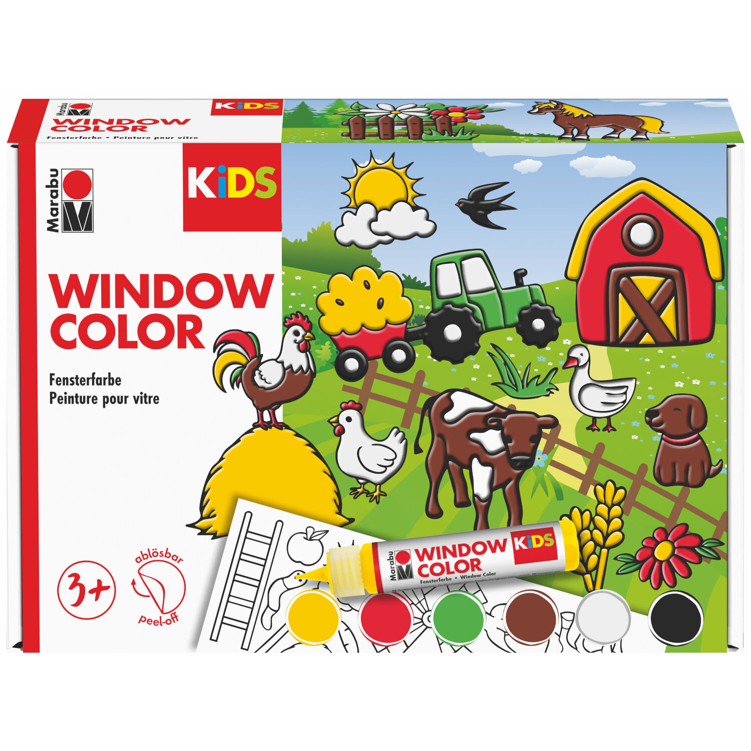 Kids Window Color Set Bauernhof, 6-teilig, von Marabu mit Fenstermalfarben und Bauernhof-Motiv, Packung mit Traktor, Tieren und Malvorlagen für Kinder