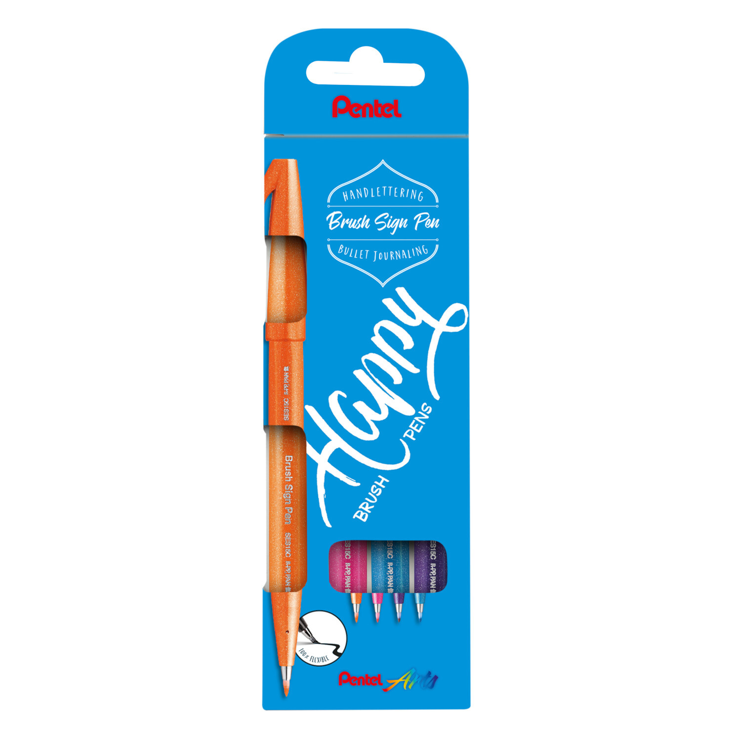 Kalligrafiestift Brush Sign Pen Set Happy, 4-teilig, in blauer Verpackung von Pentel, ideal für kreative Schriftgestaltung.