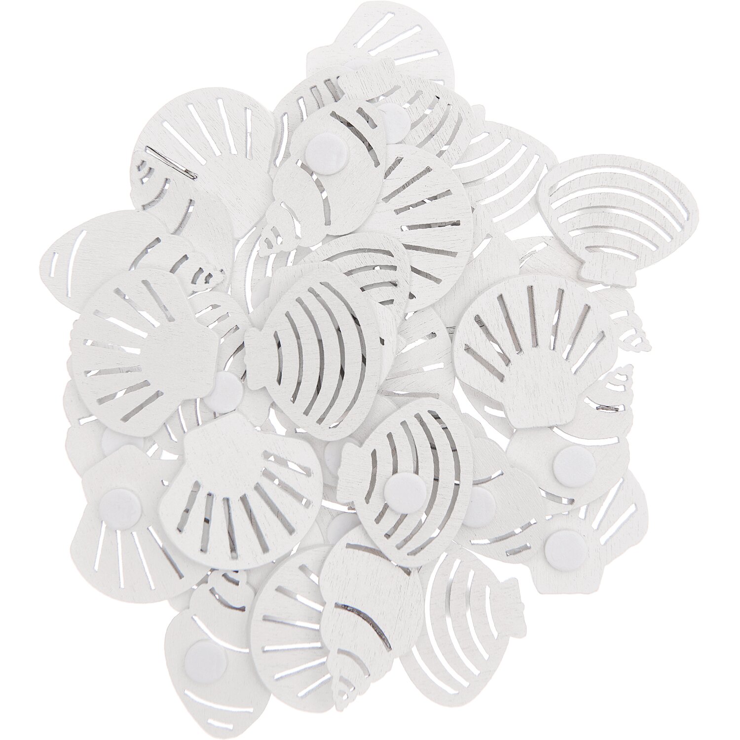 Holzsticker Muschel Mix weiß 3x3cm 24 Stück: Weiße Muschel-Sticker aus Holz, ideal für kreative Bastelprojekte und Dekorationen.