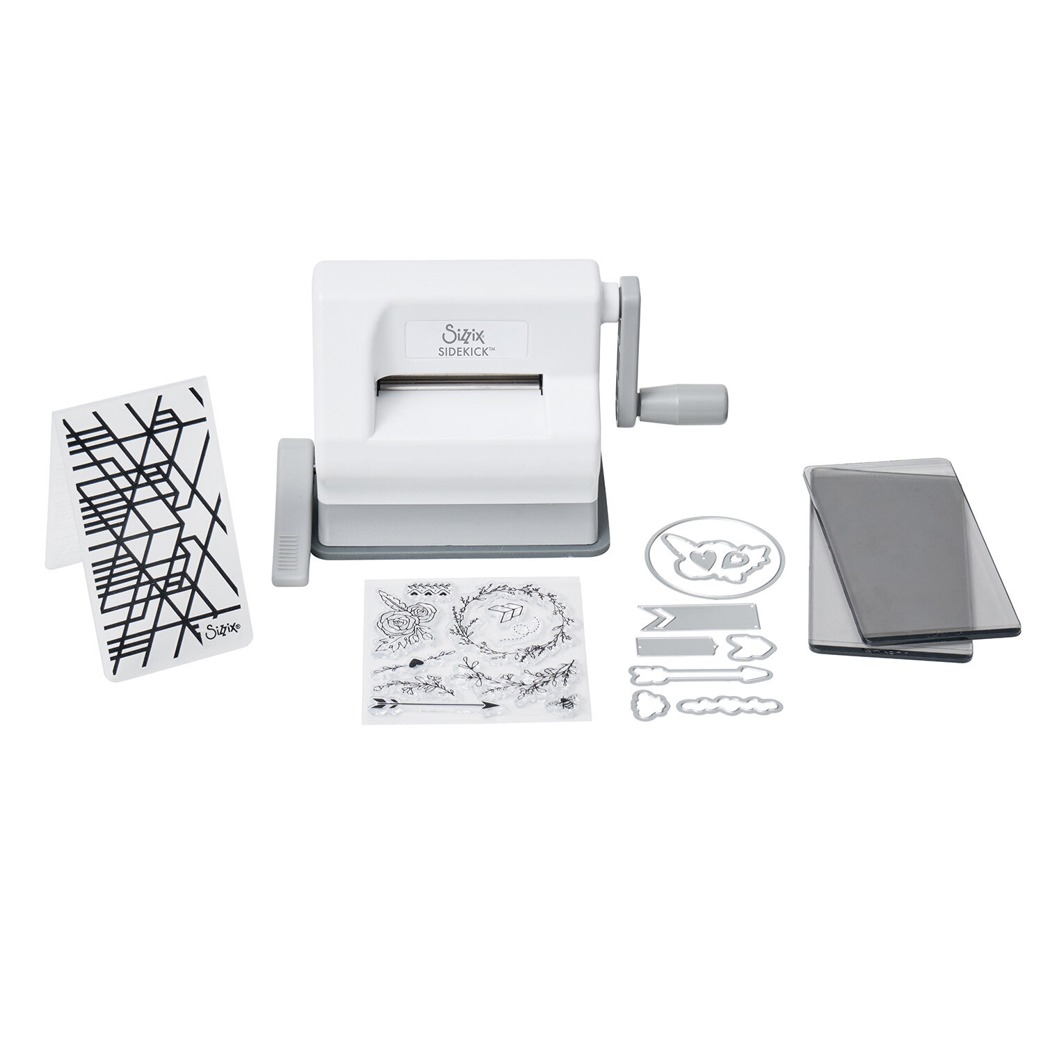Sidekick Starter Kit Whit & Gray 19,7x9,4x13,9cm zeigt kompakte Sizzix Stanzmaschine mit Kurbel, transparenten Schneideplatten, Prägefoldern und filigranen Stanzschablonen