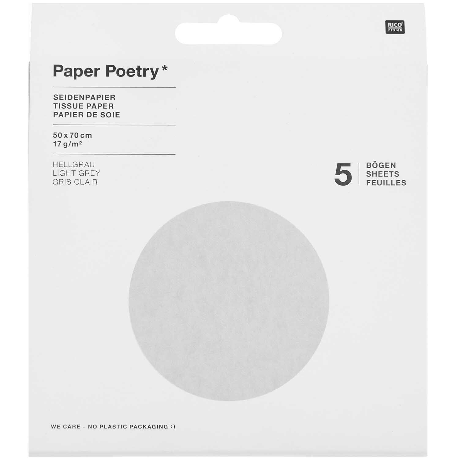 Paper Poetry Seidenpapier in hellgrau, 50x70cm, 17g/m², 5 Bögen von Rico Design, in Verpackung.