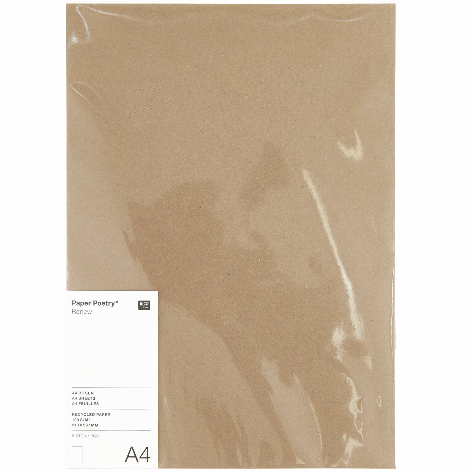 Paper Poetry Renew Bögen A4, Kraftpapier, 5 Stück. Naturfarbene Blätter von Rico Design. Ideal für kreative Projekte und Bastelarbeiten.