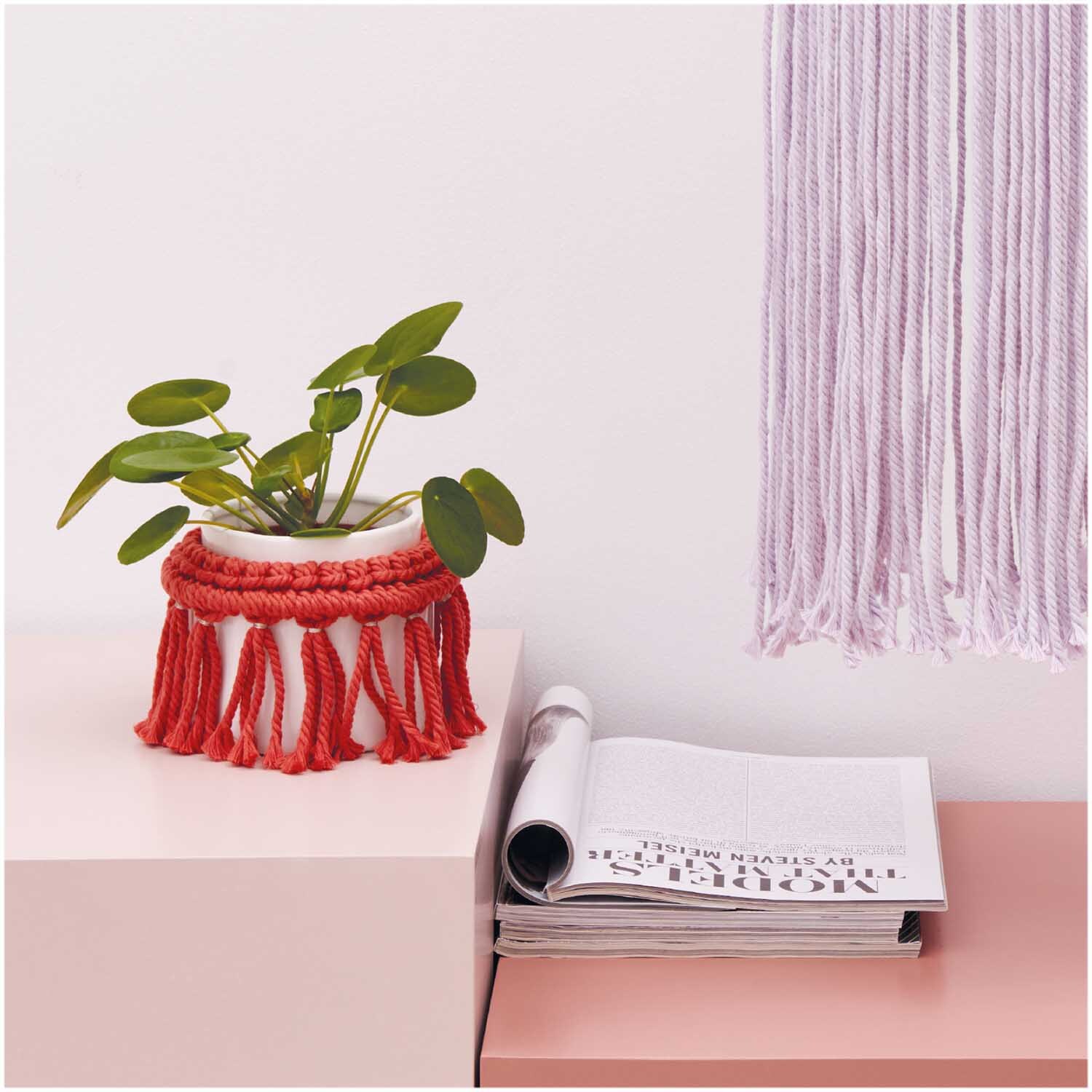 Creative Cotton Cord Makramee-Garn 130g 25m Farbe Rot von Rico Design Creative Cotton Cord Makramee-Garn in Rot, dekoriert als Pflanzenhalter neben einem Magazin auf einem Tisch. Ideal für kreative DIY-Projekte.