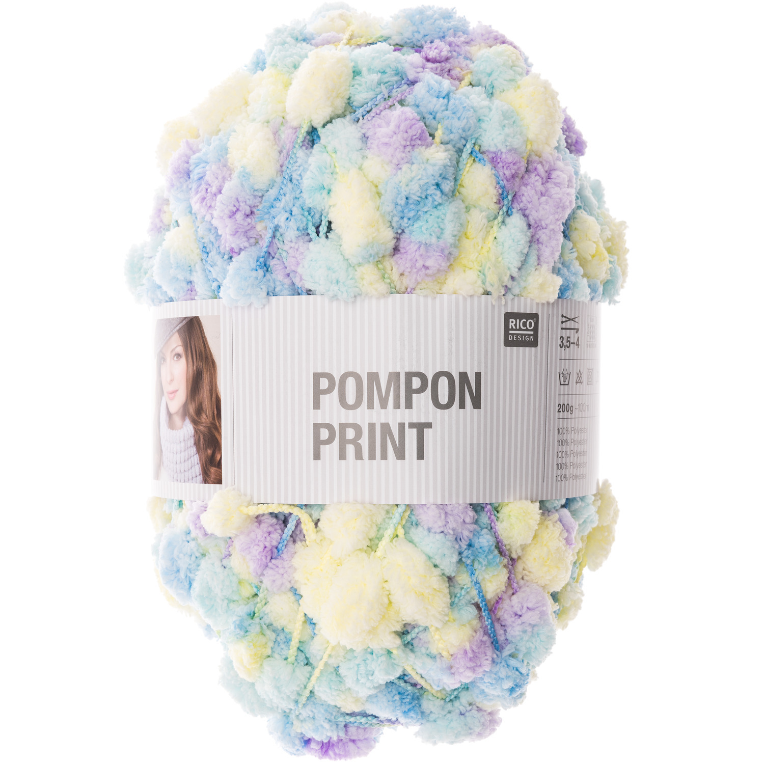 Creative Pompon Print: Flauschiges Garn in Blau Bunt von Rico Design, ideal für kreative Strickprojekte.