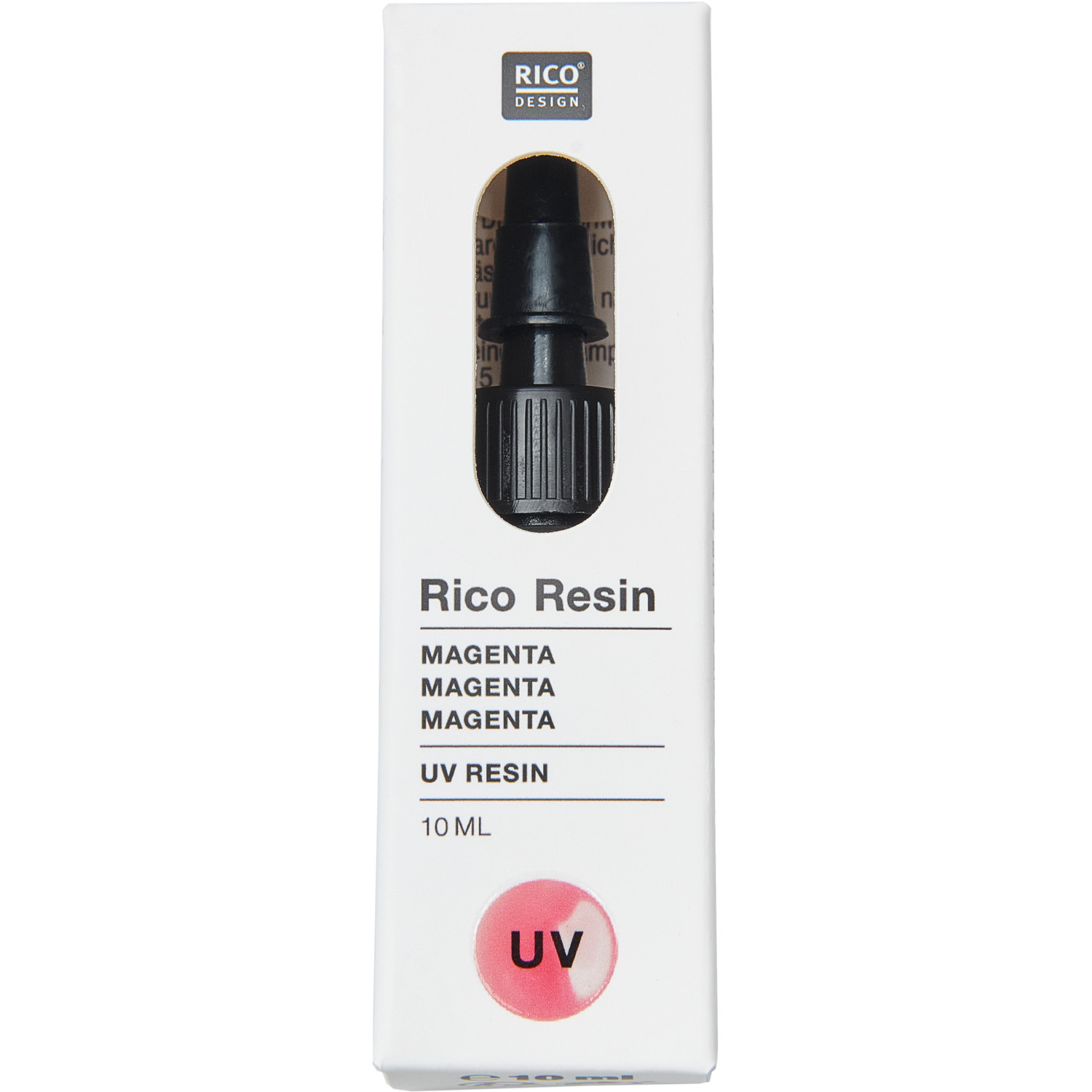 UV Resin: Verpackung von Rico Design mit 10ml Inhalt. Sichtbares Fläschchen in weißer Box.