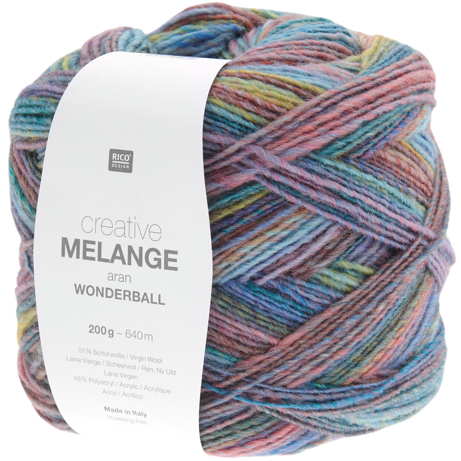 Creative Melange aran Wonderball 200g 640m Farbe Skies von Rico Design Creative Melange aran Wonderball: Bunter Wollknäuel von Rico Design, 200g, 640m, ideal für Strickprojekte.