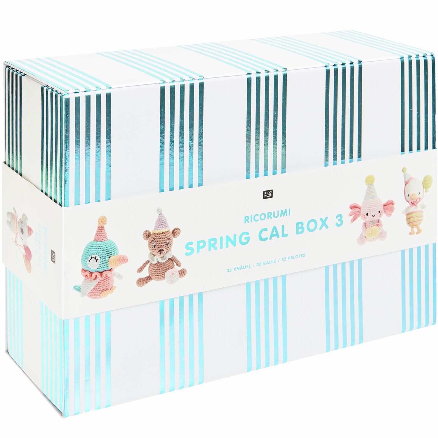 Ricorumi Spring CAL Box 3 von Rico Design, gestreifte Verpackung mit bunten Häkelmotiven.