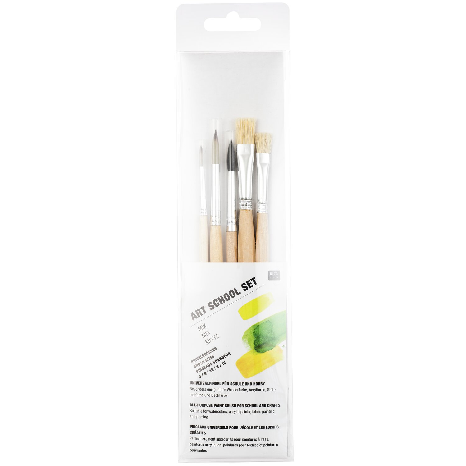 Pinsel Art School Set Mix 5teilig: Fünf Pinsel mit Holzgriffen und silbernen Zwingen in transparenter Verpackung. Ideal für kreative Projekte.