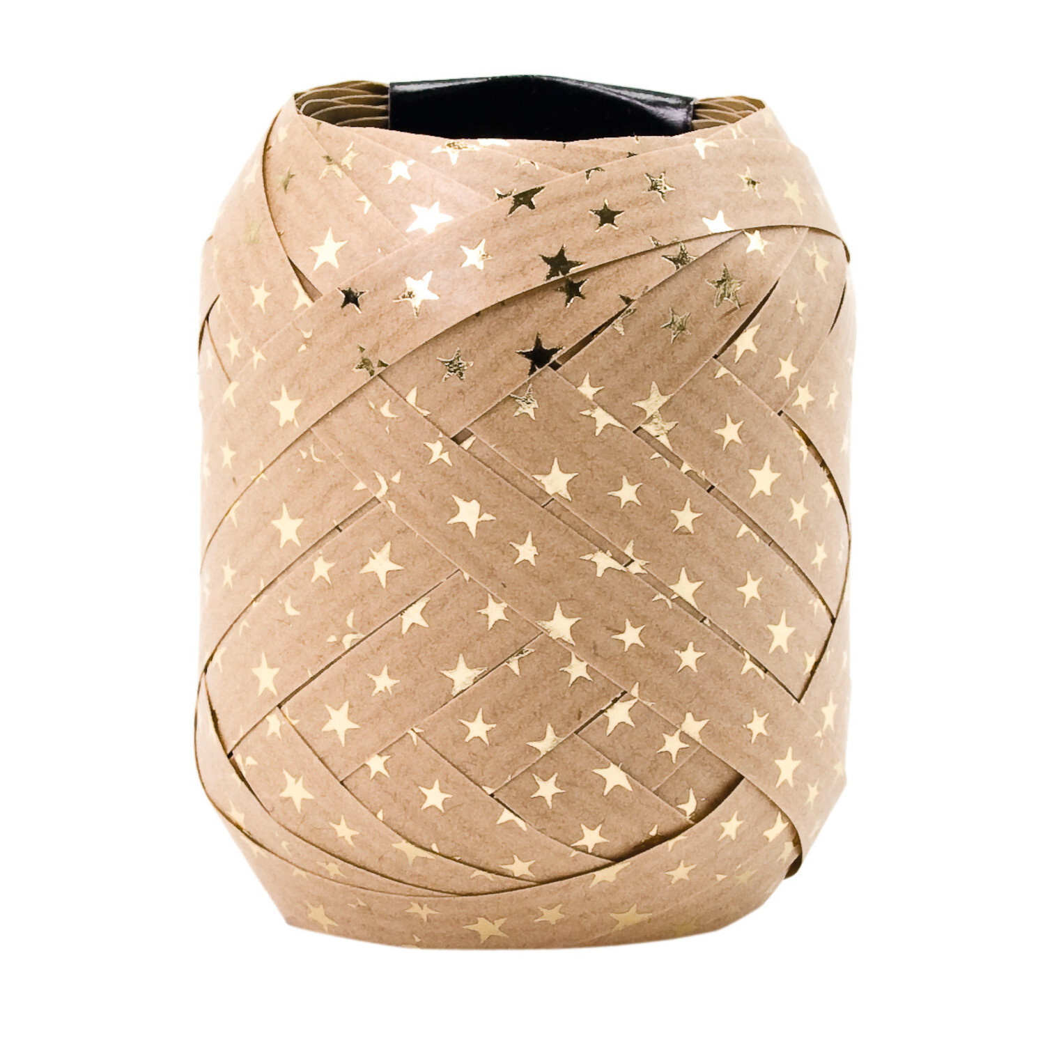 Geschenkband Spacetime, hellbraun-gold, 10mmx12m, mit glänzenden Sternen verziert, ideal für festliche Dekorationen.