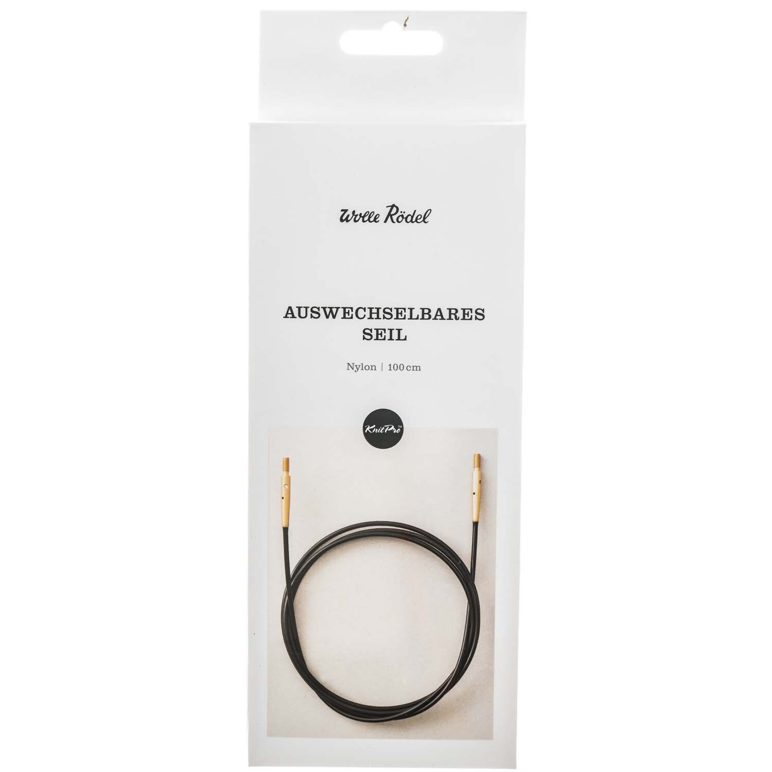 KnitPro Nadelseil auswechselbar Nylon, schwarz, in Verpackung mit goldfarbenen Enden. Ideal für Strickprojekte.