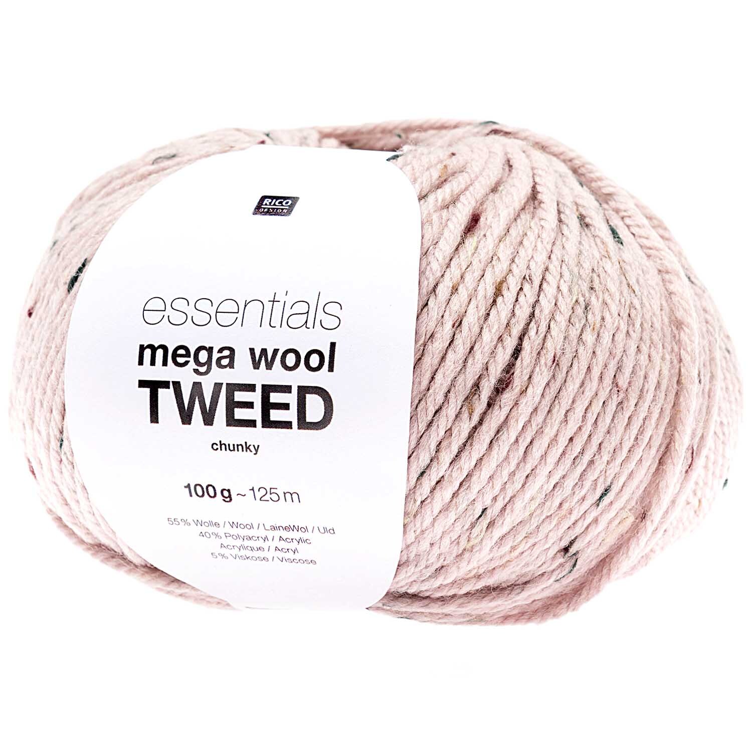 Essentials Mega Wool Tweed chunky 100g 125m Farbe Puder von Rico Design Essentials Mega Wool Tweed chunky in Puder von Rico Design, 100g Knäuel, ideal für Strickprojekte.