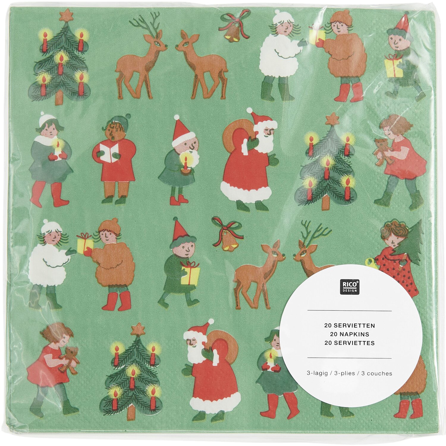 Servietten Weihnachtsfiguren 20 Stück 33x33cm von Rico Design Servietten Weihnachtsfiguren mit festlichen Motiven auf grünem Hintergrund, 20 Stück von Rico Design.