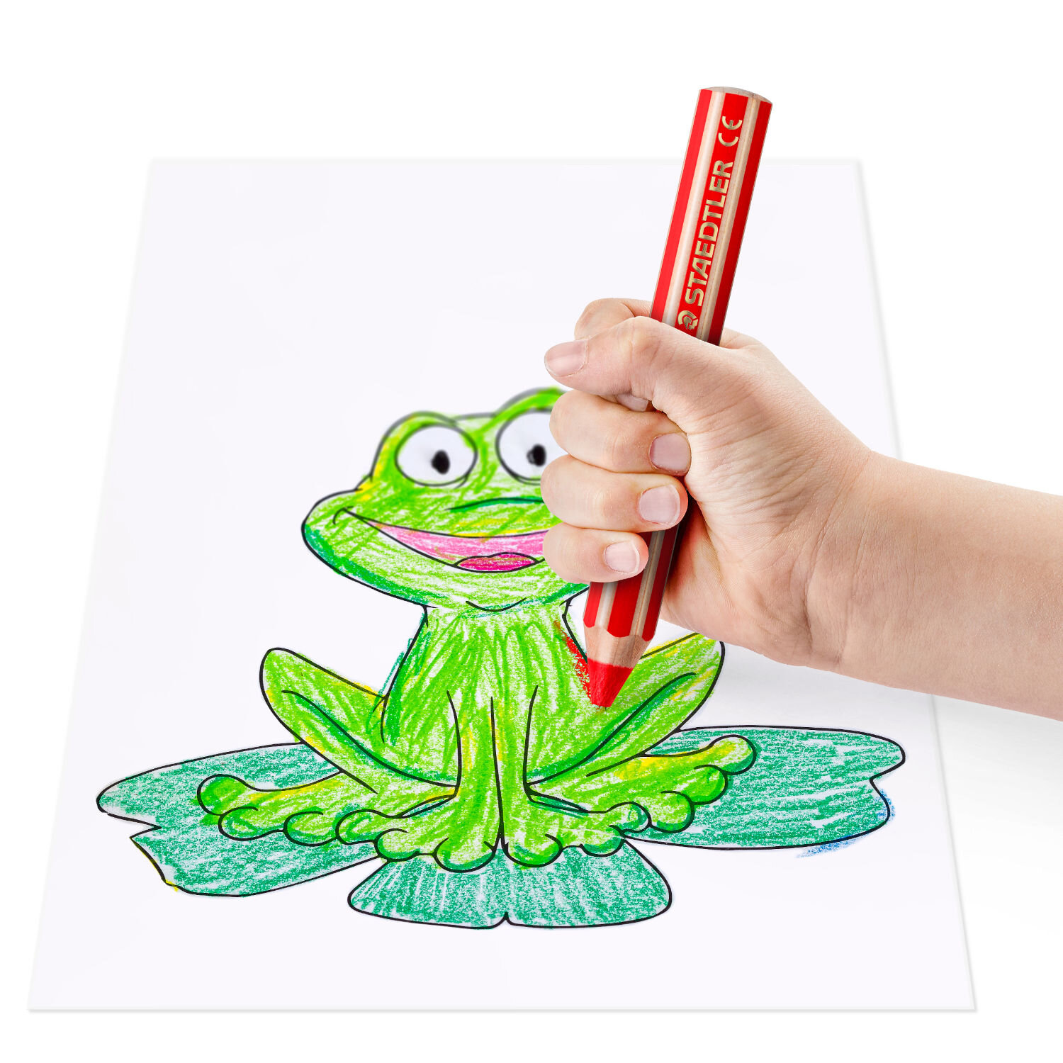 Noris Junior Buntstift Set 12 Stück zeigt Kinderhand beim Ausmalen eines Froschmotivs mit rotem Staedtler Stift auf weißem Blatt Papier