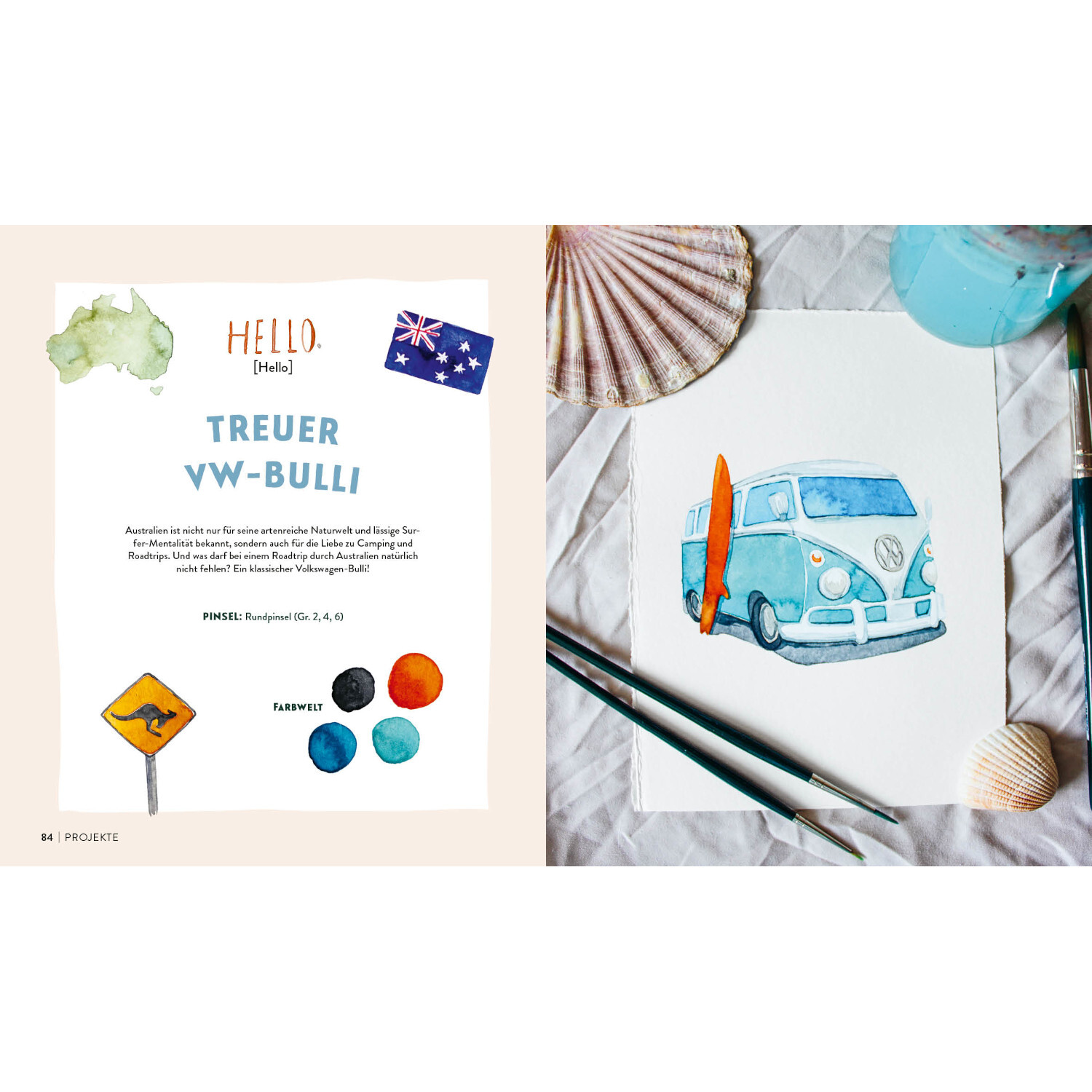 Meine große Watercolor-Reise: Aquarellbild eines blauen VW-Bulli mit Surfbrett, Muscheln und Pinseln.