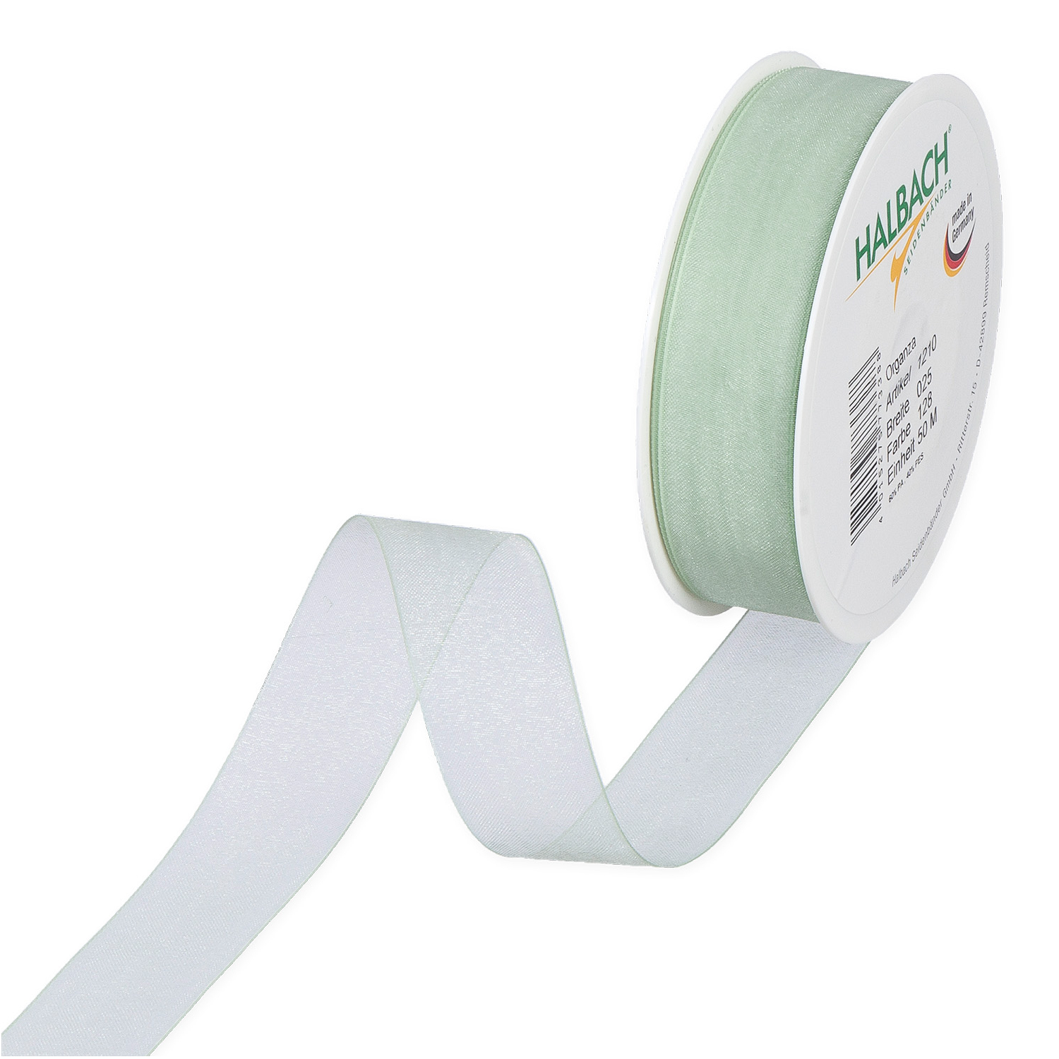 Organzaband 25mm 5m in zartem Mint von Halbach, ideal für Dekorationen und Geschenkverpackungen.