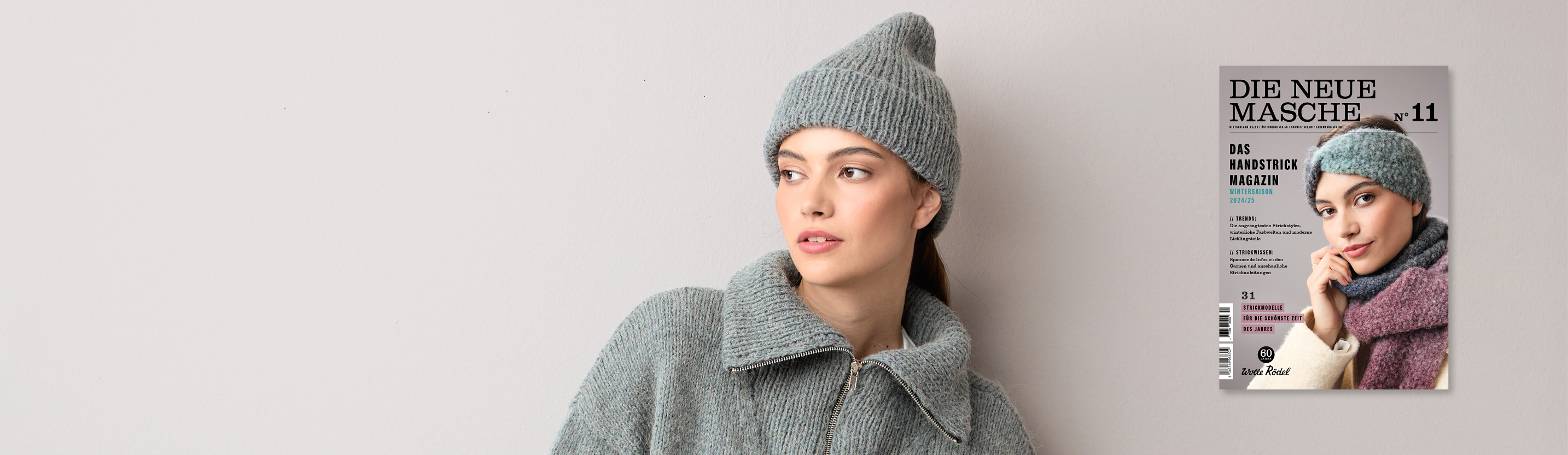 Eine Frau trägt eine gestrickte Mütze und einen gestrickten Pullover aus demselben Garn, daneben Die Neue Masche Nr.11.