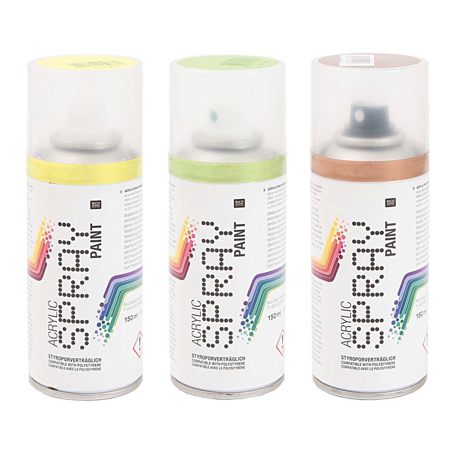 Spray Paint 150ml: Drei Dosen Acrylfarbe von Rico Design in Gelb, Grün und Kupfer auf weißem Hintergrund.
