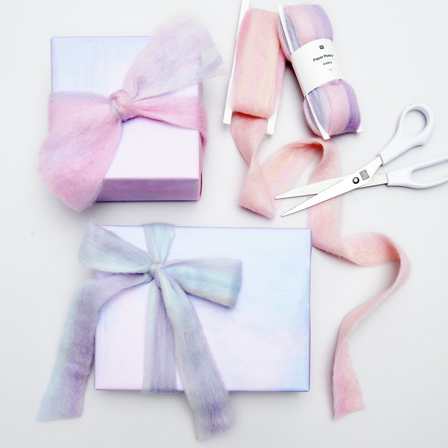 Paper Poetry Filzband Sonnenuntergang: Pastellfarbene Bänder auf Geschenkboxen, 38mmx3m, mit Schere.