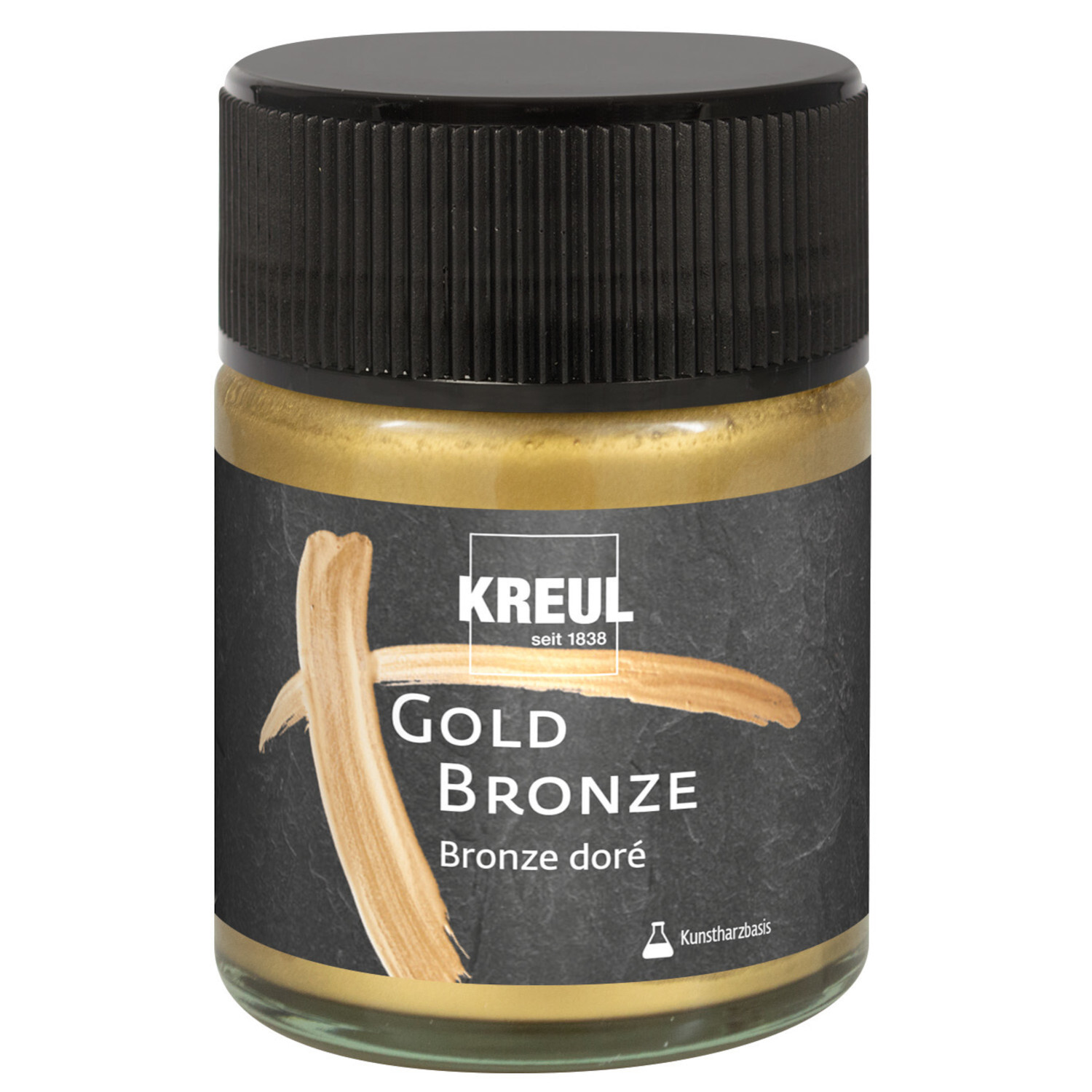 Metallpigmentlack Bronze: KREUL Gold Bronze, 50ml Glas mit schwarzem Deckel, ideal für kreative Projekte.
